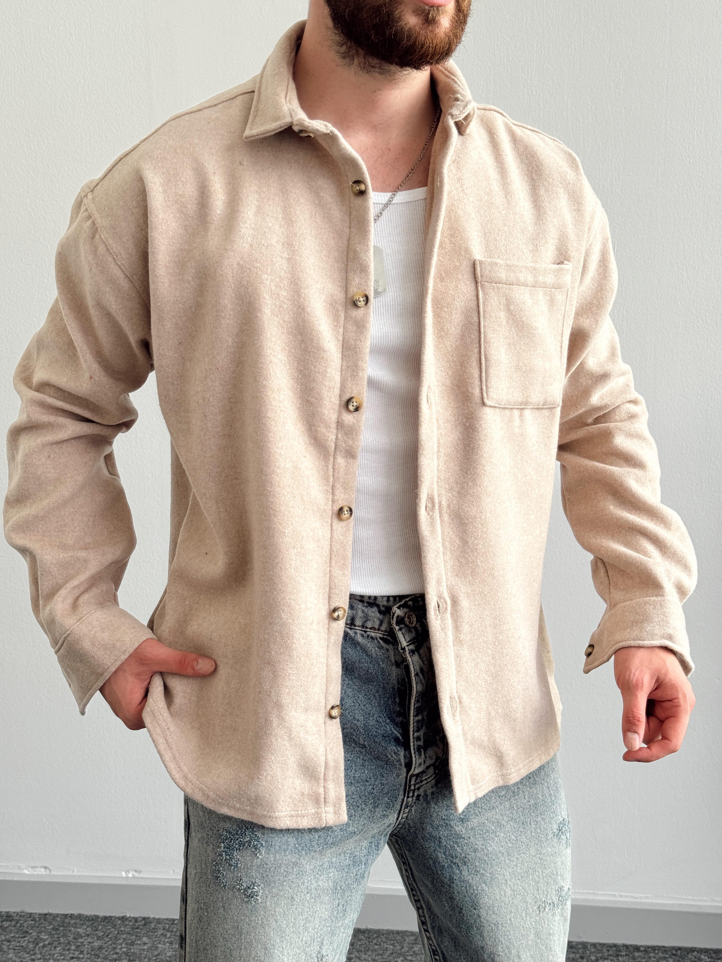 Erkek Oversize Kışlık Kaşe Gömlek-Krem(E1121)Ketench