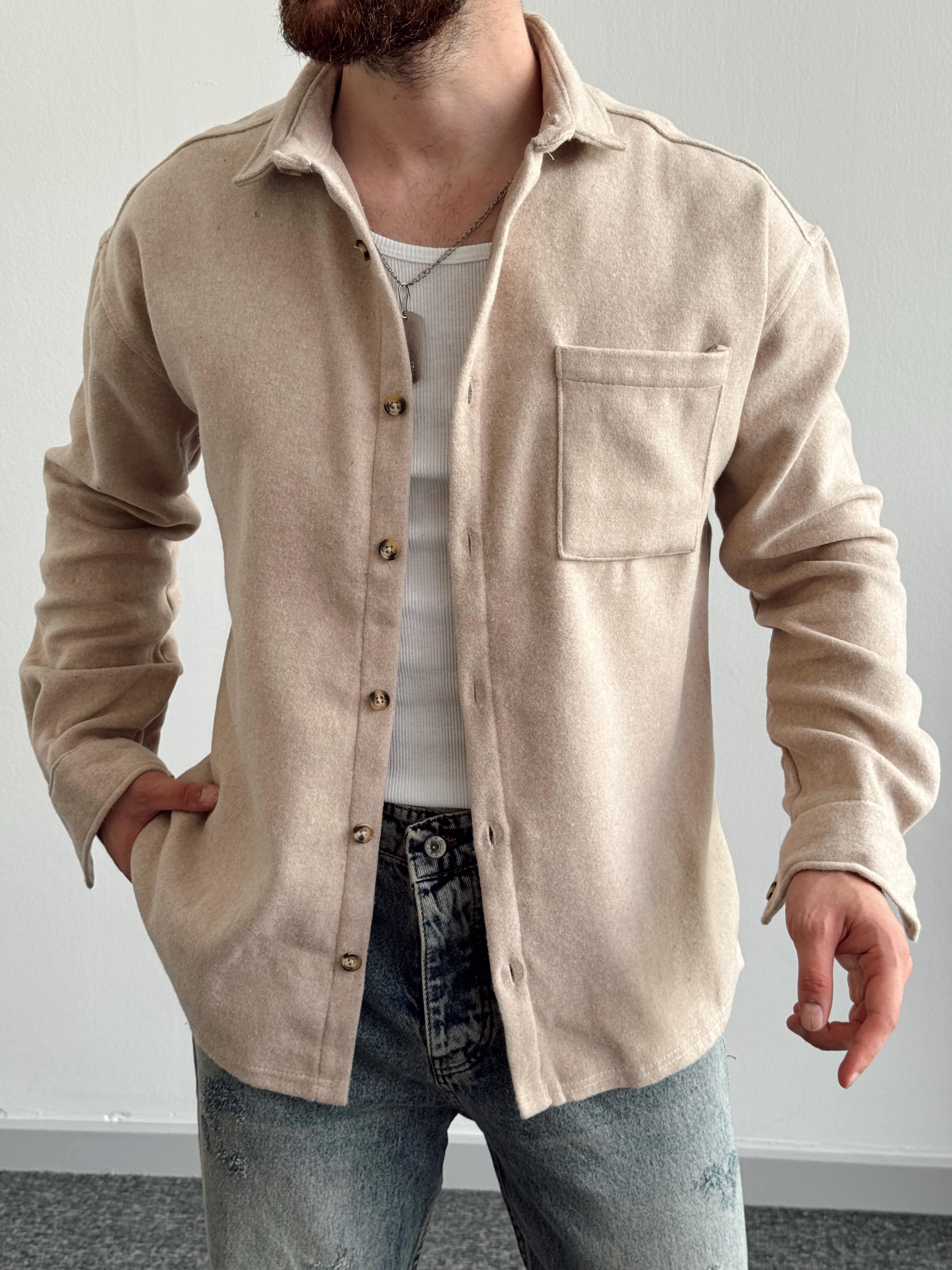 Erkek Oversize Kışlık Kaşe Gömlek-Krem(E1121)Ketench