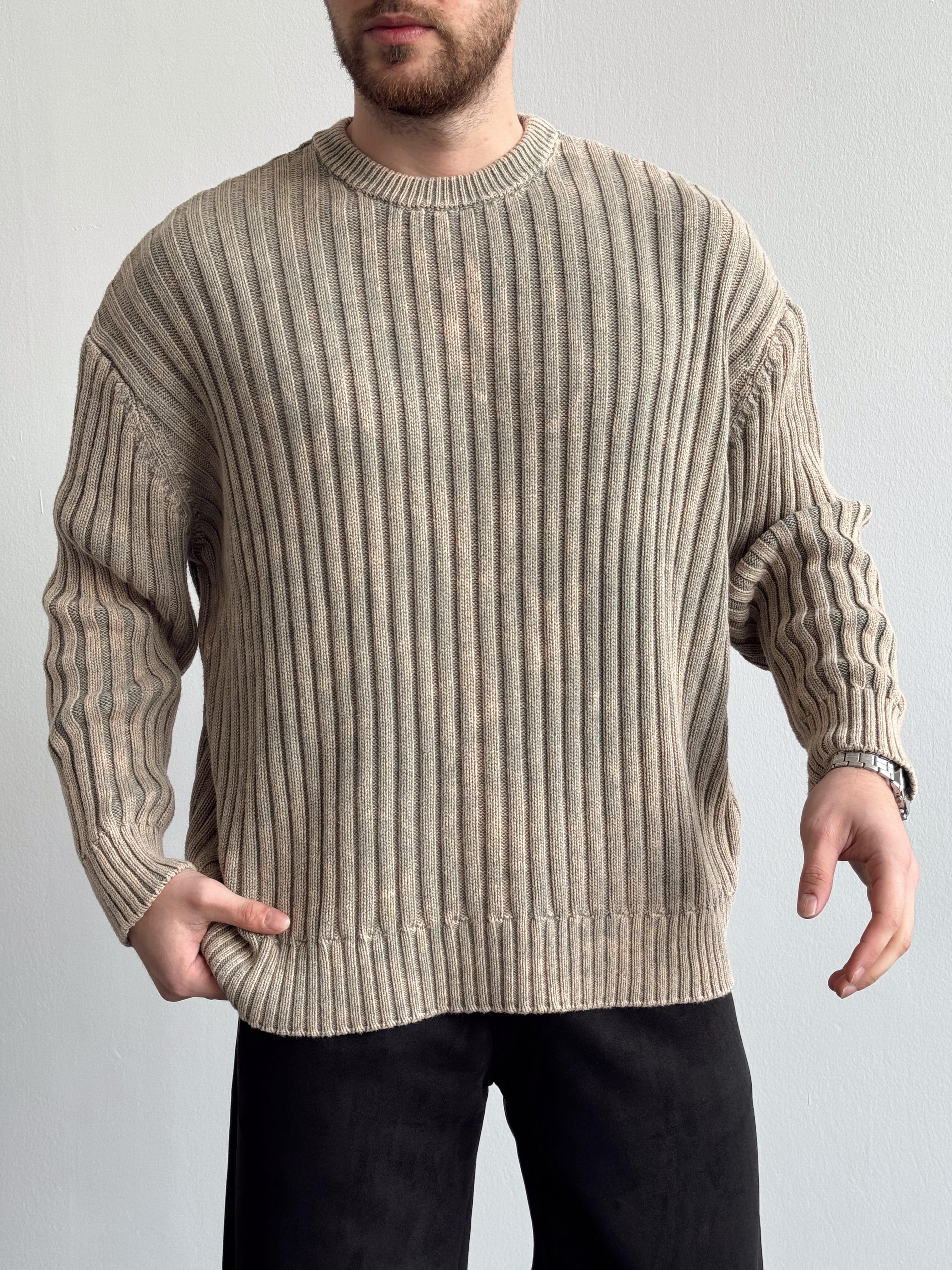 Erkek Oversize Ribbed Washad Bisiklet Yaka Triko Kazak-Taş(E1202)Ketench