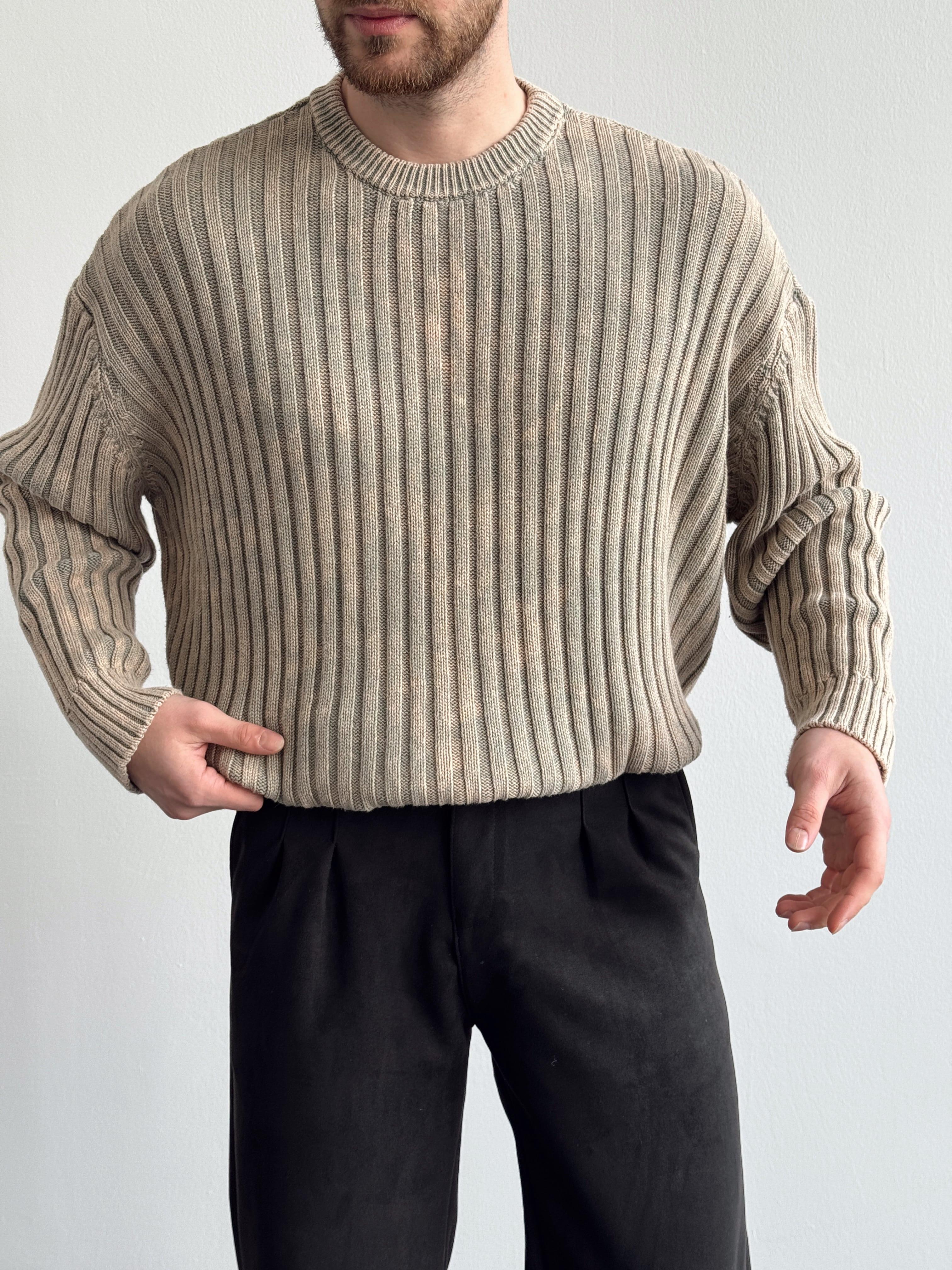 Erkek Oversize Ribbed Washad Bisiklet Yaka Triko Kazak-Taş(E1202)Ketench
