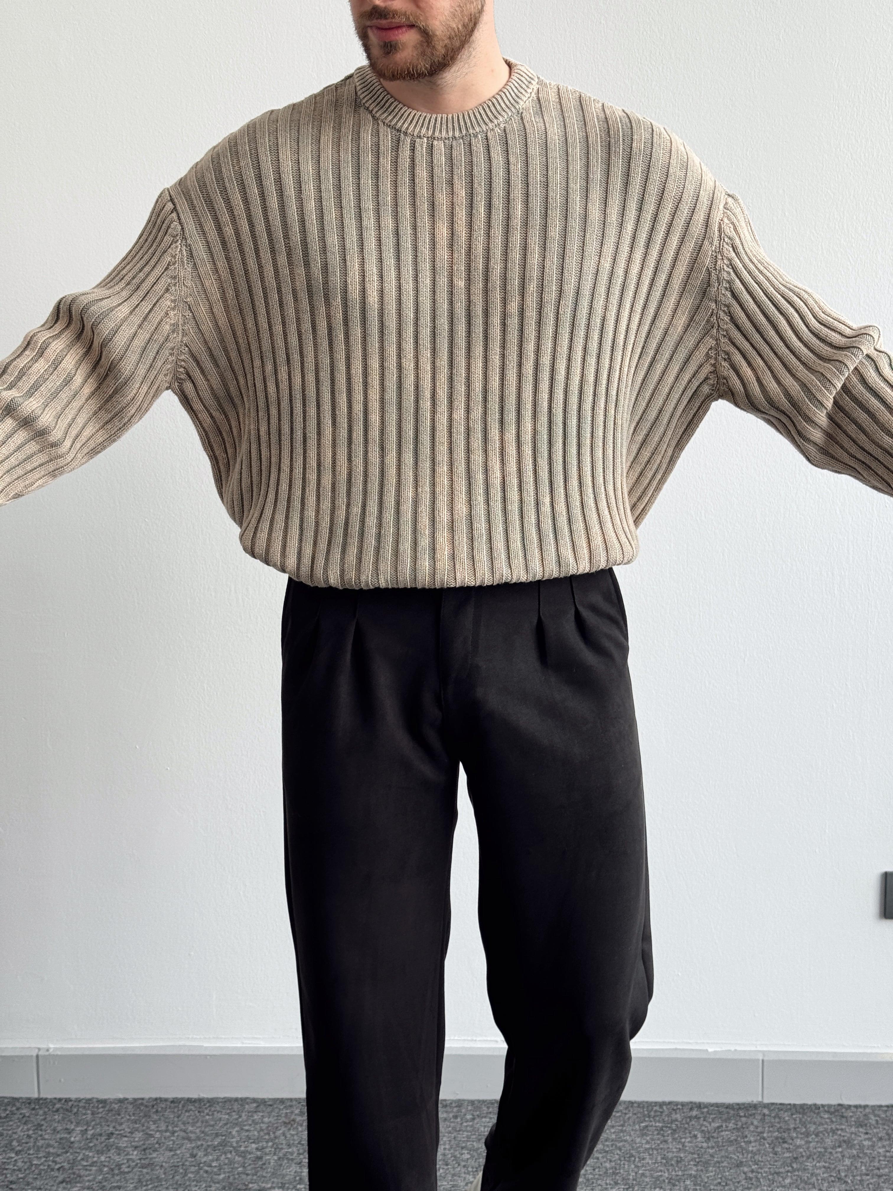 Erkek Oversize Ribbed Washad Bisiklet Yaka Triko Kazak-Taş(E1202)Ketench