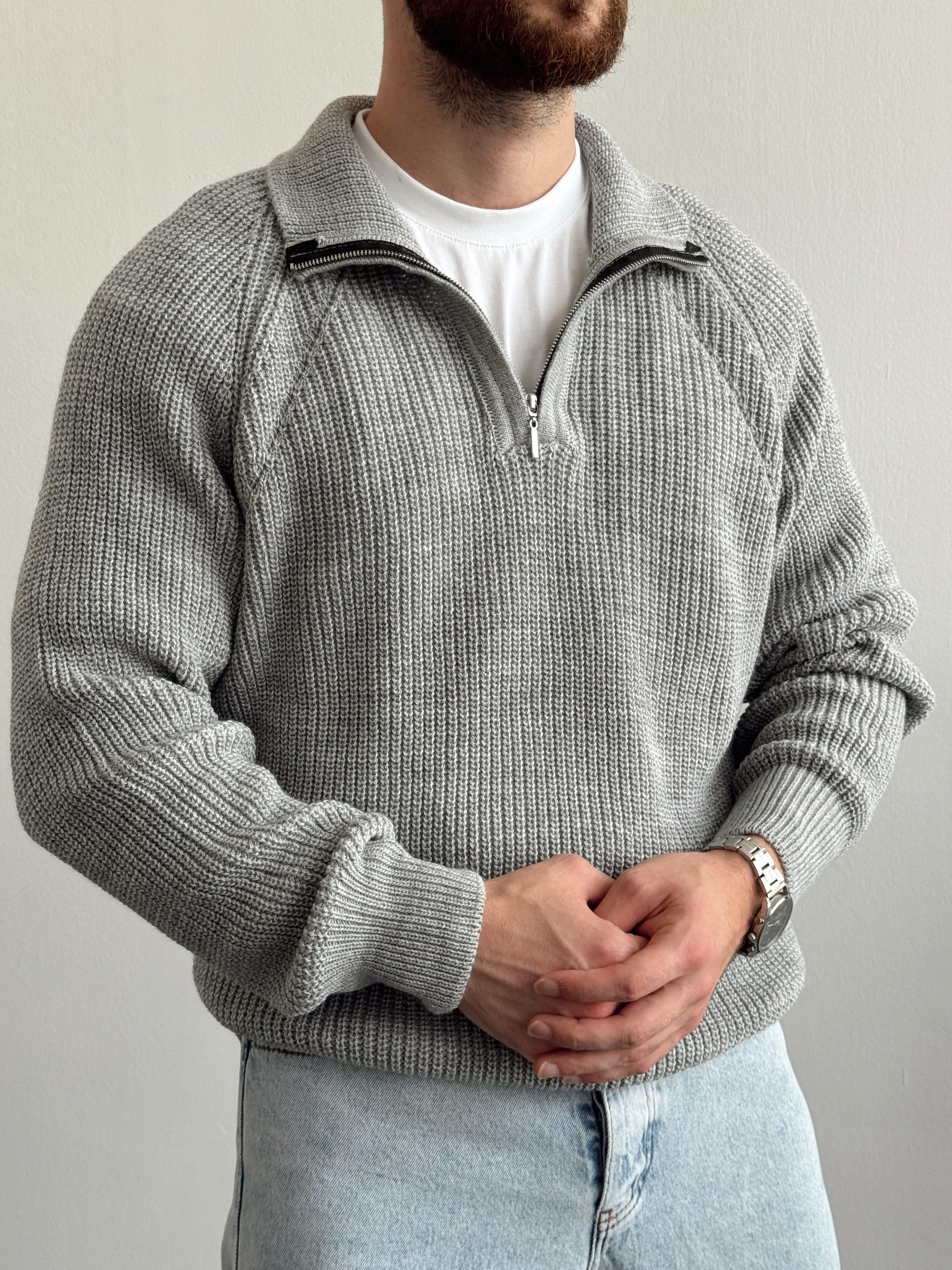 Erkek Oversize Yarım Fermuarlı Triko Kazak-Gri(E1115)Ketench
