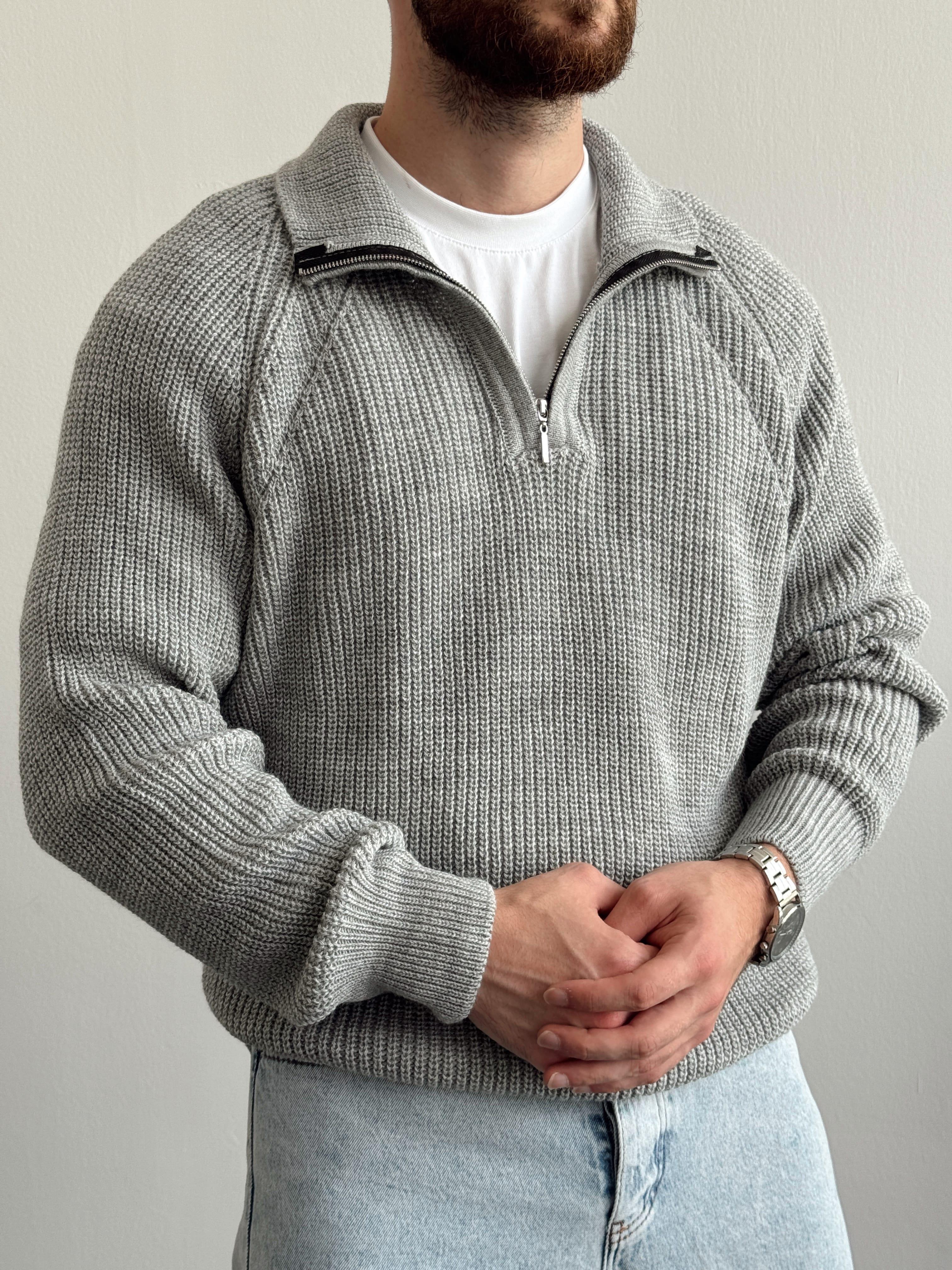 Erkek Oversize Yarım Fermuarlı Triko Kazak-Gri(E1115)Ketench