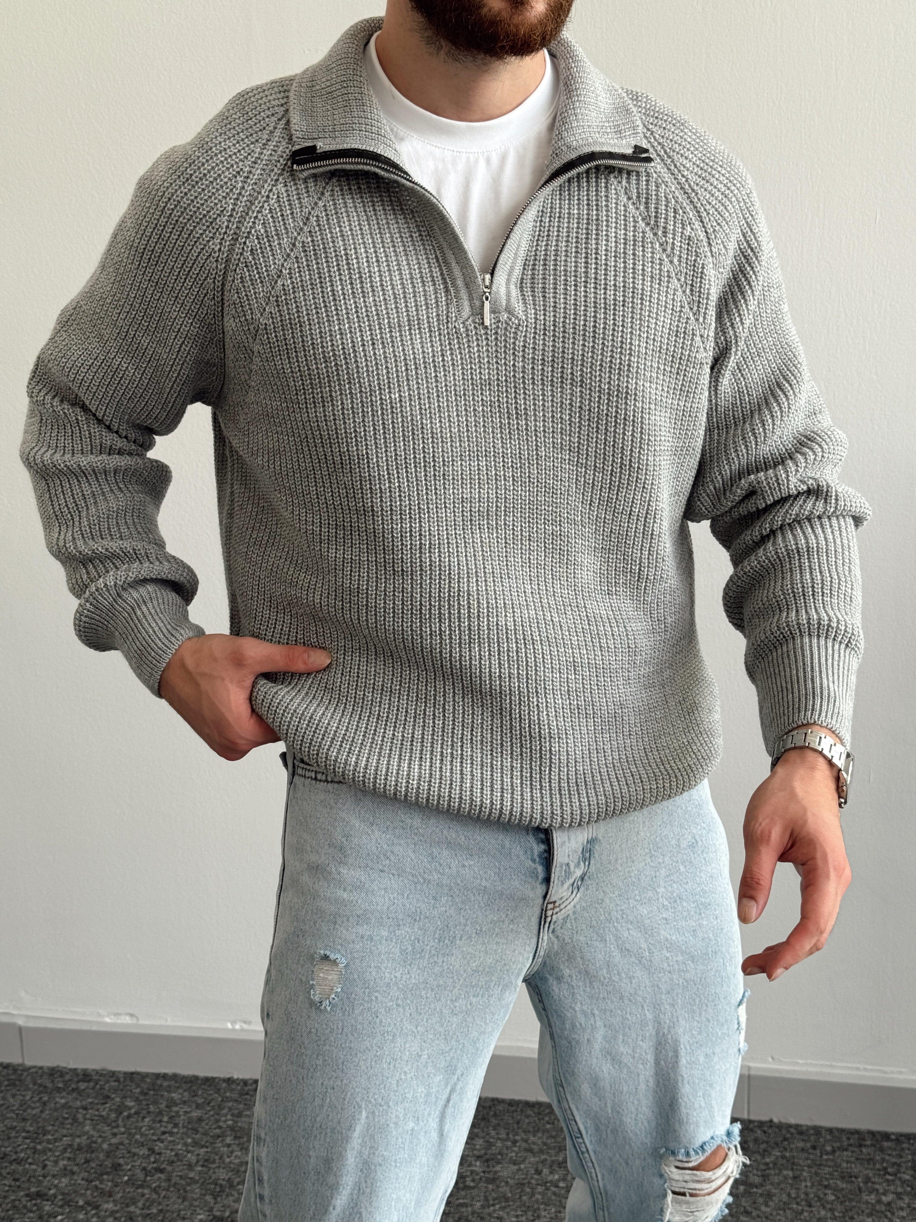 Erkek Oversize Yarım Fermuarlı Triko Kazak-Gri(E1115)Ketench