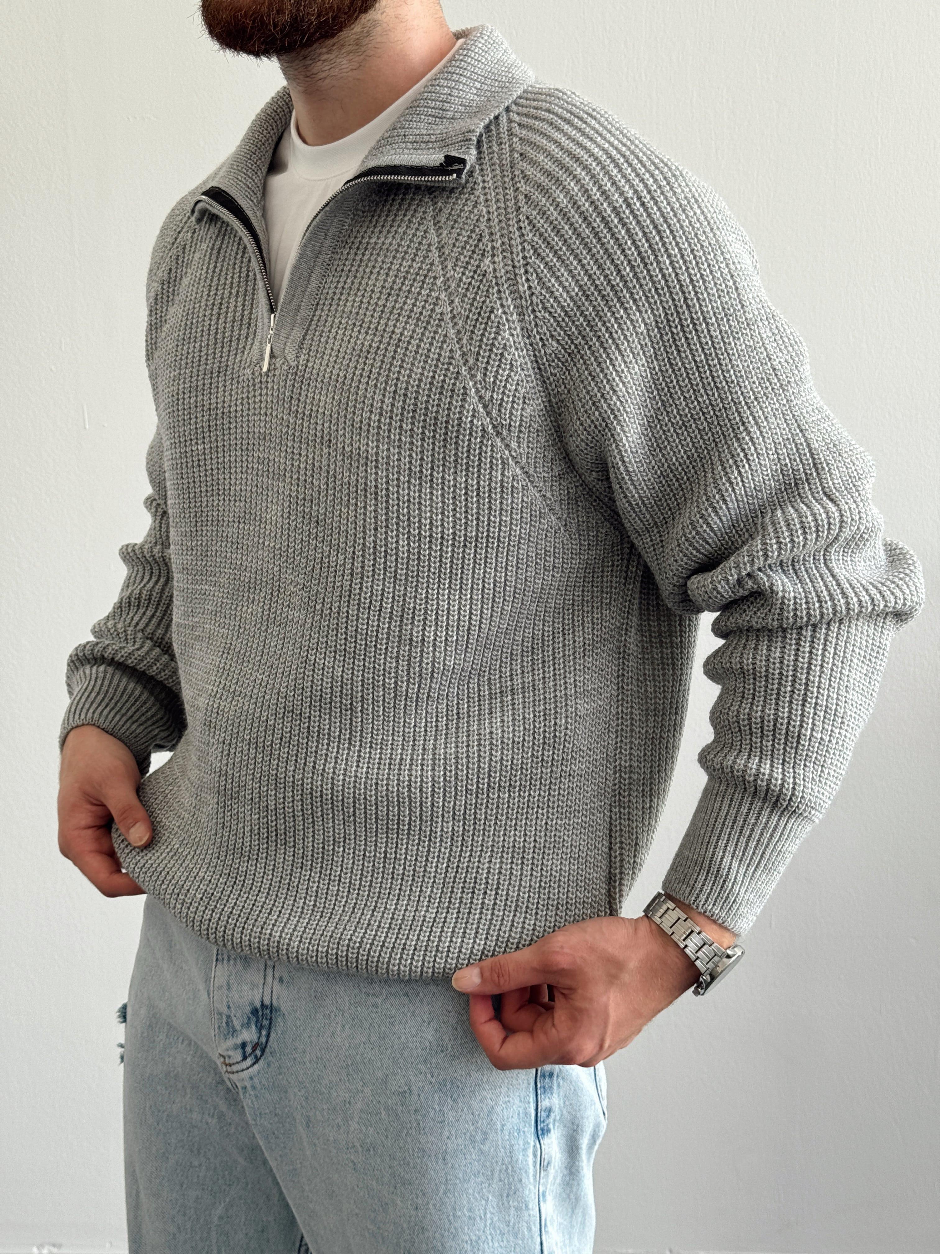 Erkek Oversize Yarım Fermuarlı Triko Kazak-Gri(E1115)Ketench