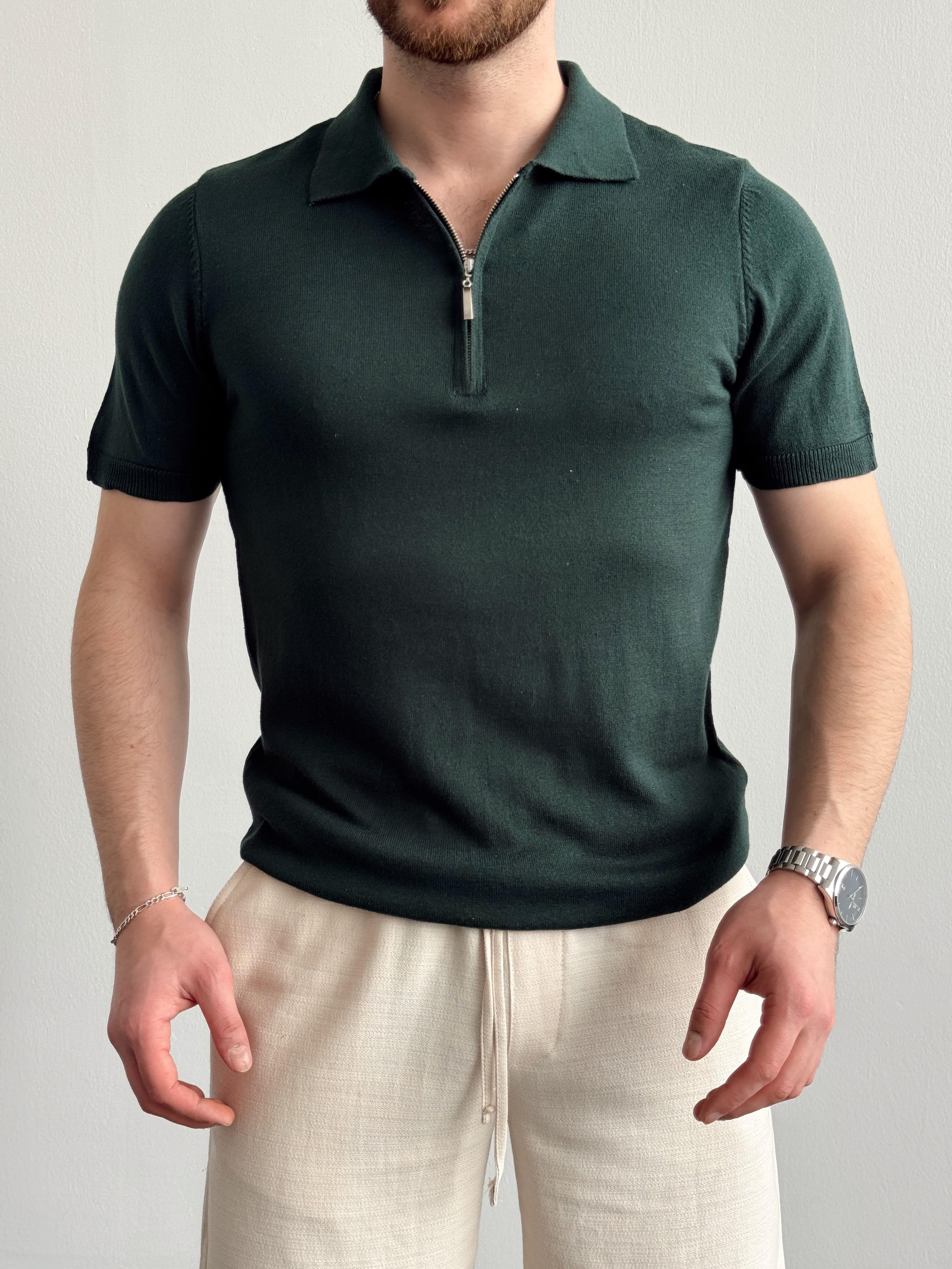 Erkek Özel Koleksiyon %100 Dokuma Pamuk Yıkamalı Fermuar Detaylı Triko T-Shirt-Yeşil(E1308)Ketench