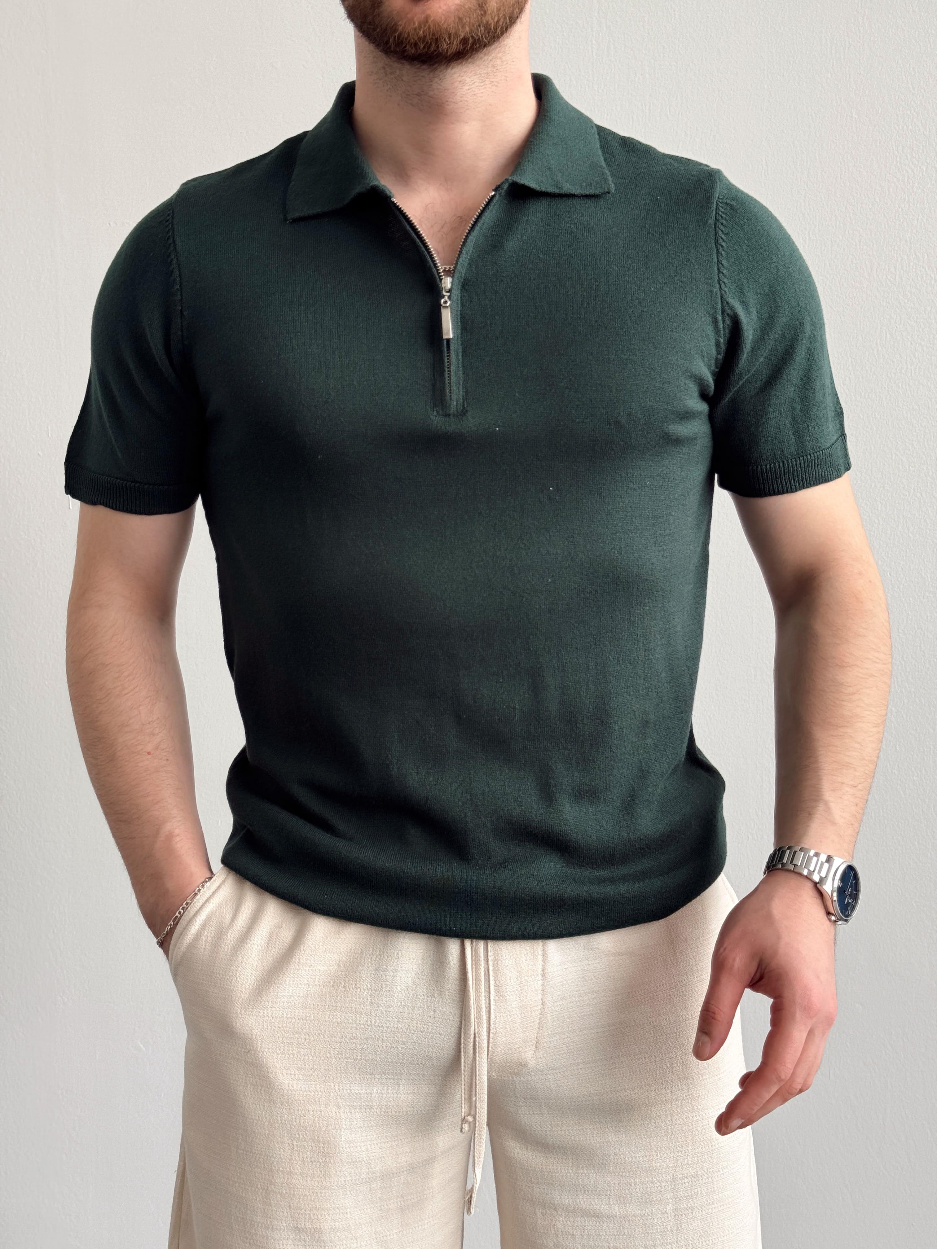 Erkek Özel Koleksiyon %100 Dokuma Pamuk Yıkamalı Fermuar Detaylı Triko T-Shirt-Yeşil(E1308)Ketench