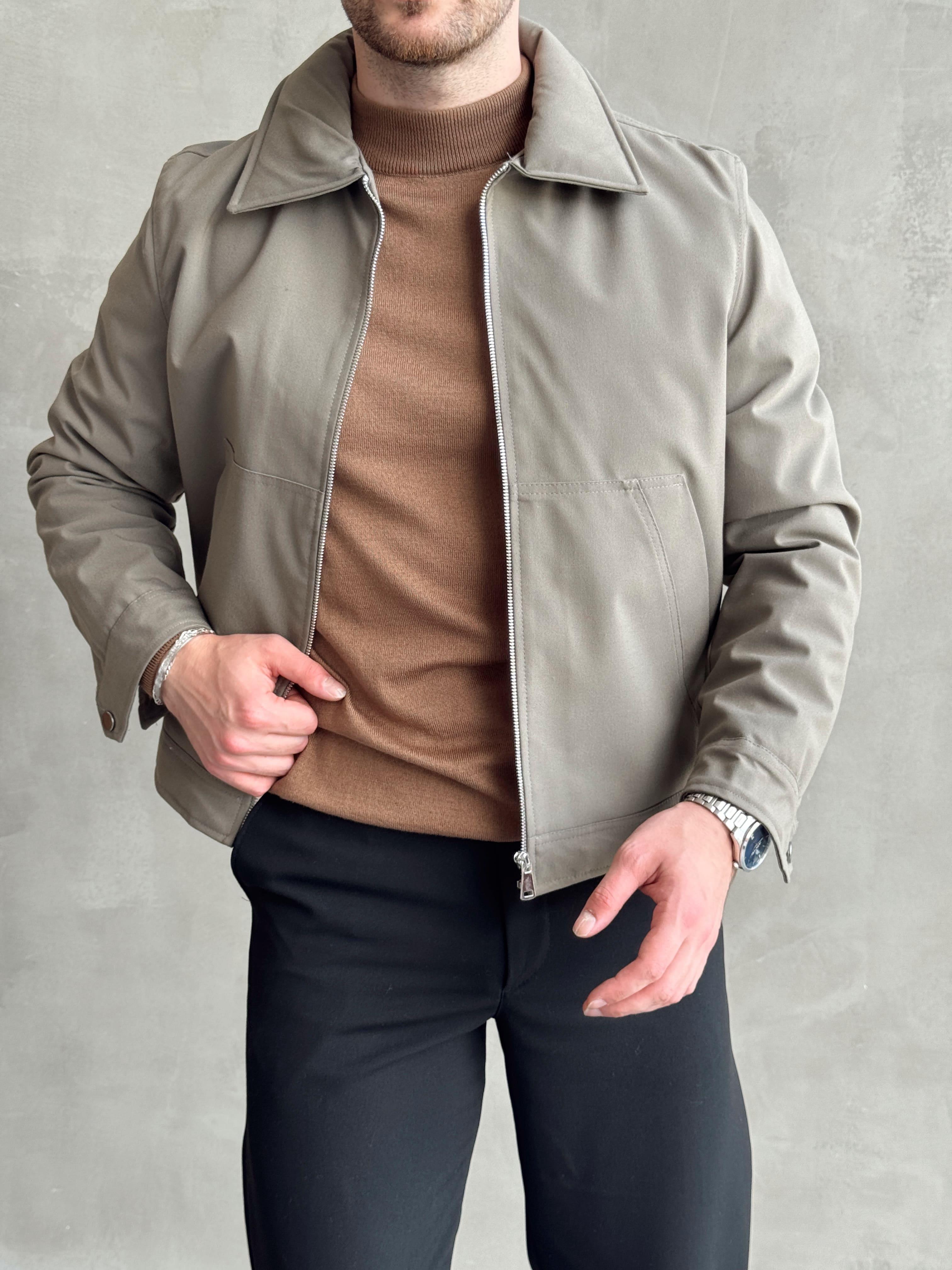 Erkek Özel Koleksiyon Oversize Kalıp Kanguru Cep Çıtçıt Detay İçi Astarlı Gabardin Kumaş Ceket-Haki(E1463)Ketench