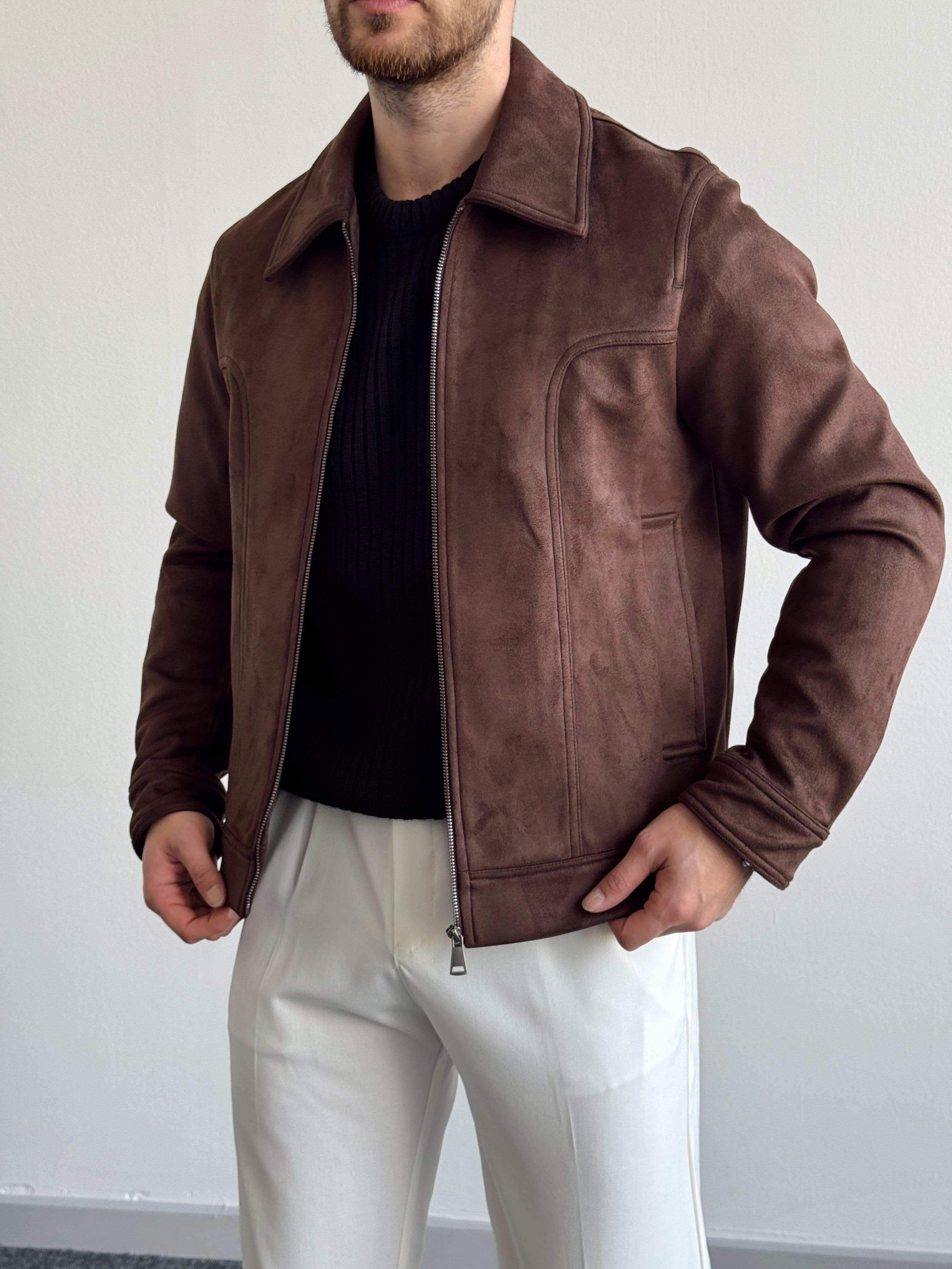Erkek Özel Premium Seri Crop Fit Süet Mont-Kahverengi(E1182)Ketench