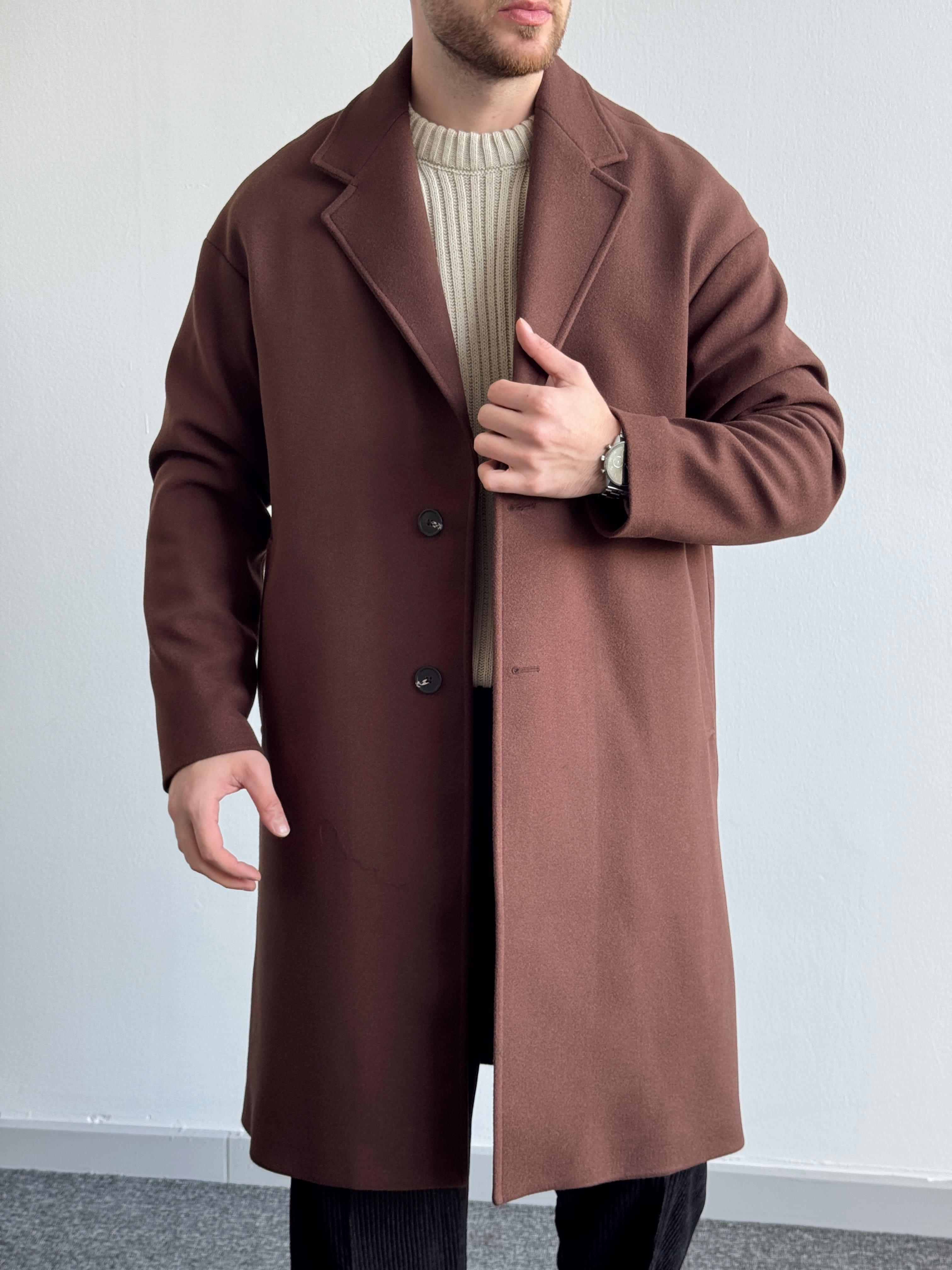 Erkek Özel Premium Seri Kalite İçi Astarlı Kruvaze Yaka Oversize Kalıp Kaşe Kaban-Kahverengi(E1195)Ketench