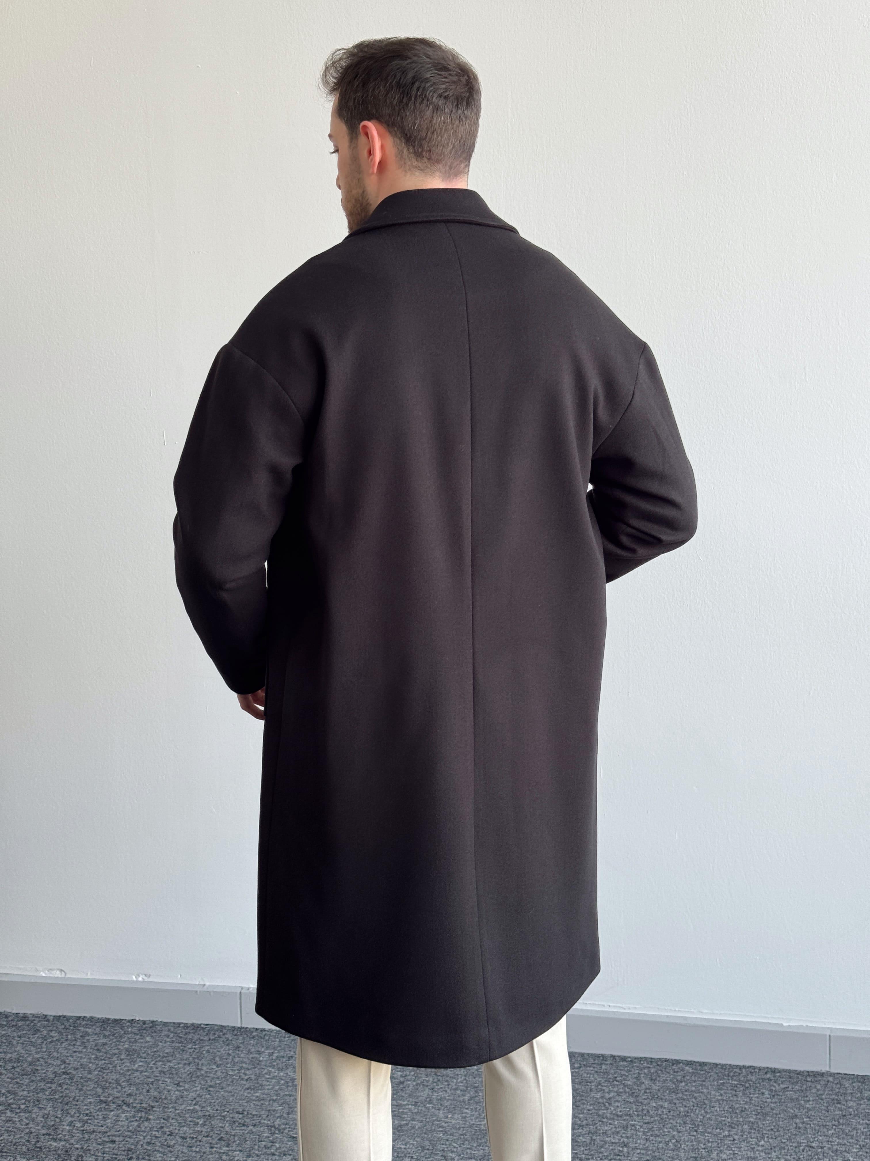 Erkek Özel Premium Seri Kalite İçi Astarlı Kruvaze Yaka Oversize Kalıp Kaşe Kaban-Siyah(E1195)Ketench