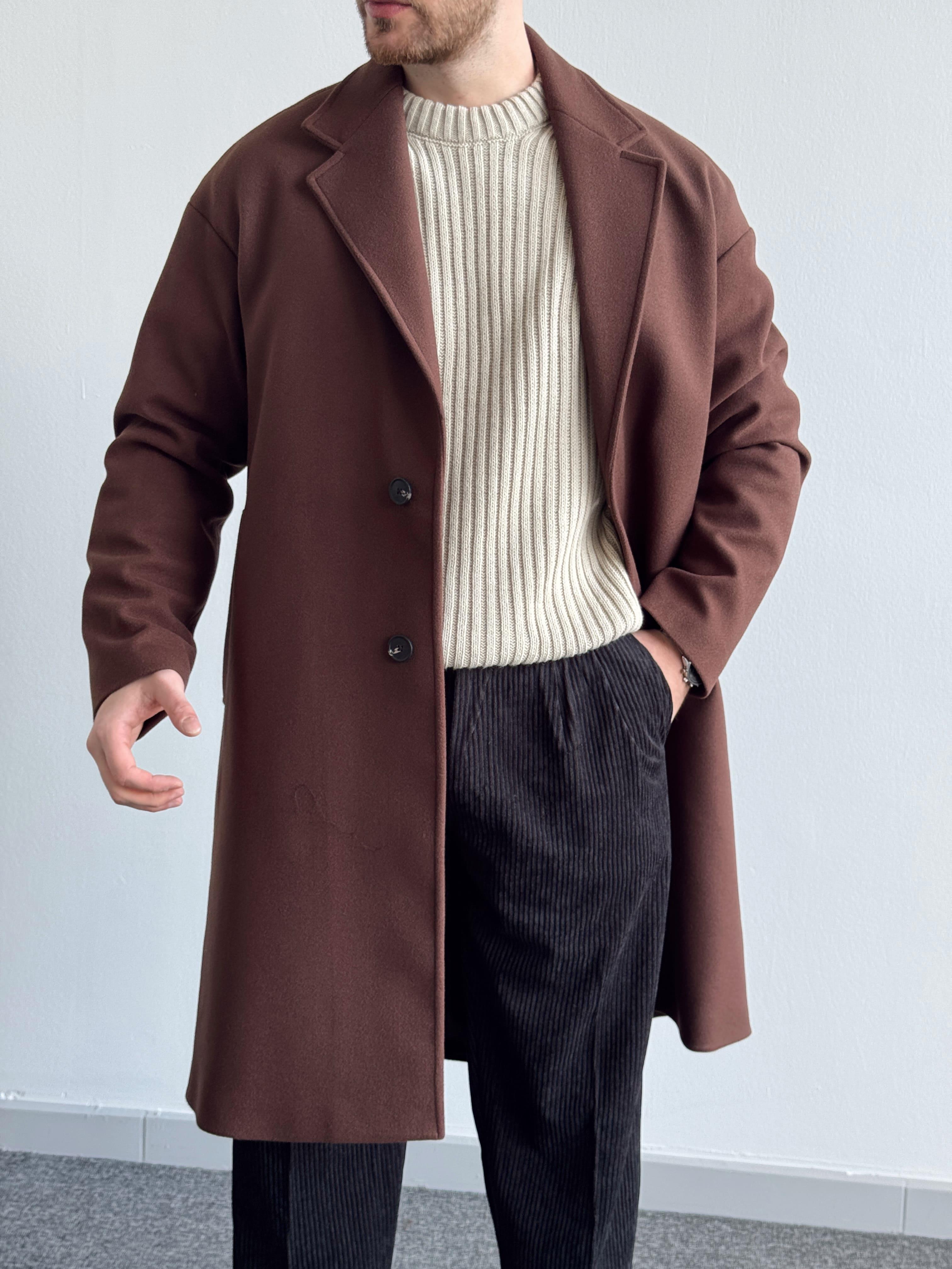 Erkek Özel Premium Seri Kalite İçi Astarlı Kruvaze Yaka Oversize Kalıp Kaşe Kaban-Kahverengi(E1195)Ketench