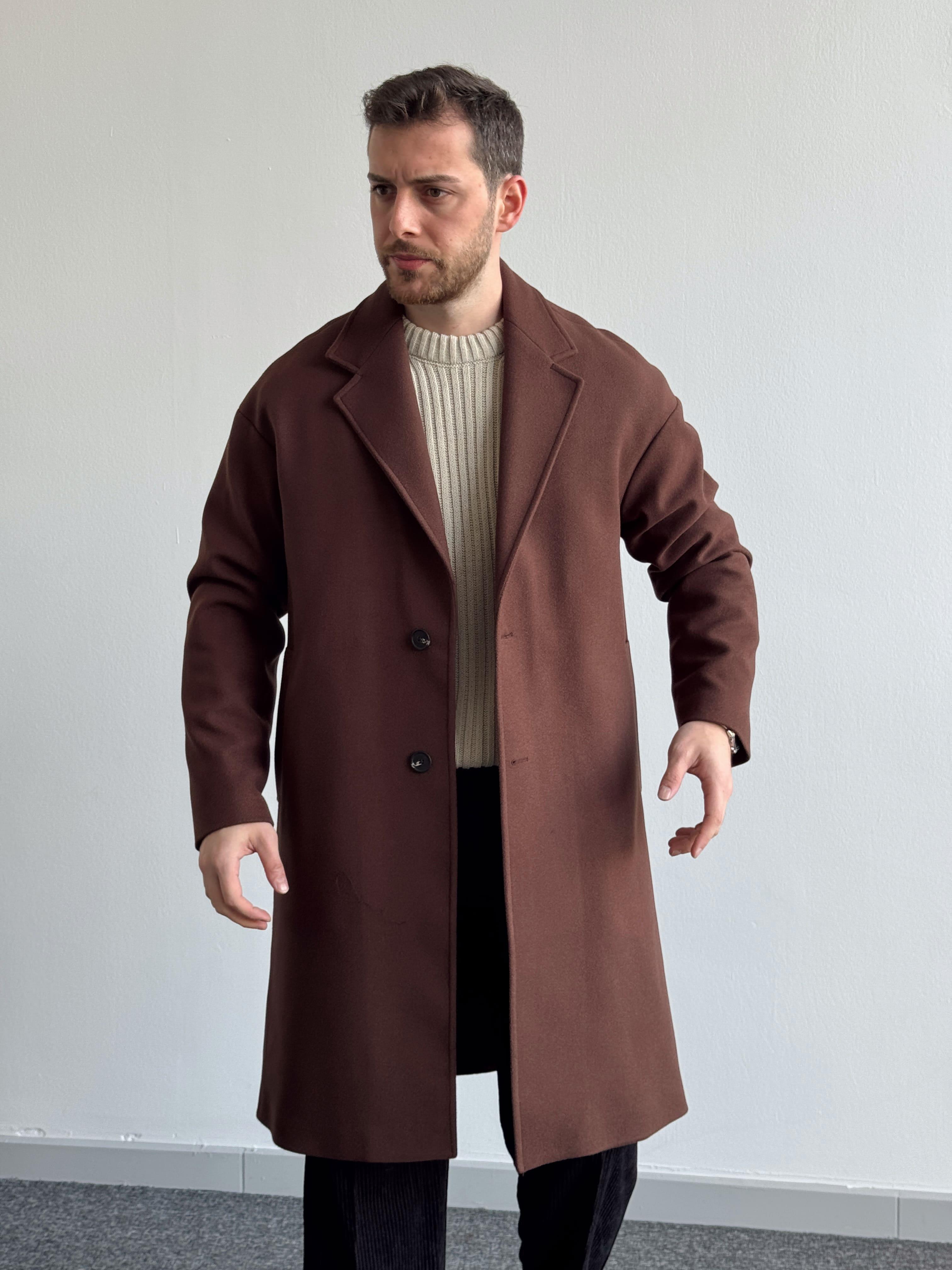 Erkek Özel Premium Seri Kalite İçi Astarlı Kruvaze Yaka Oversize Kalıp Kaşe Kaban-Kahverengi(E1195)Ketench