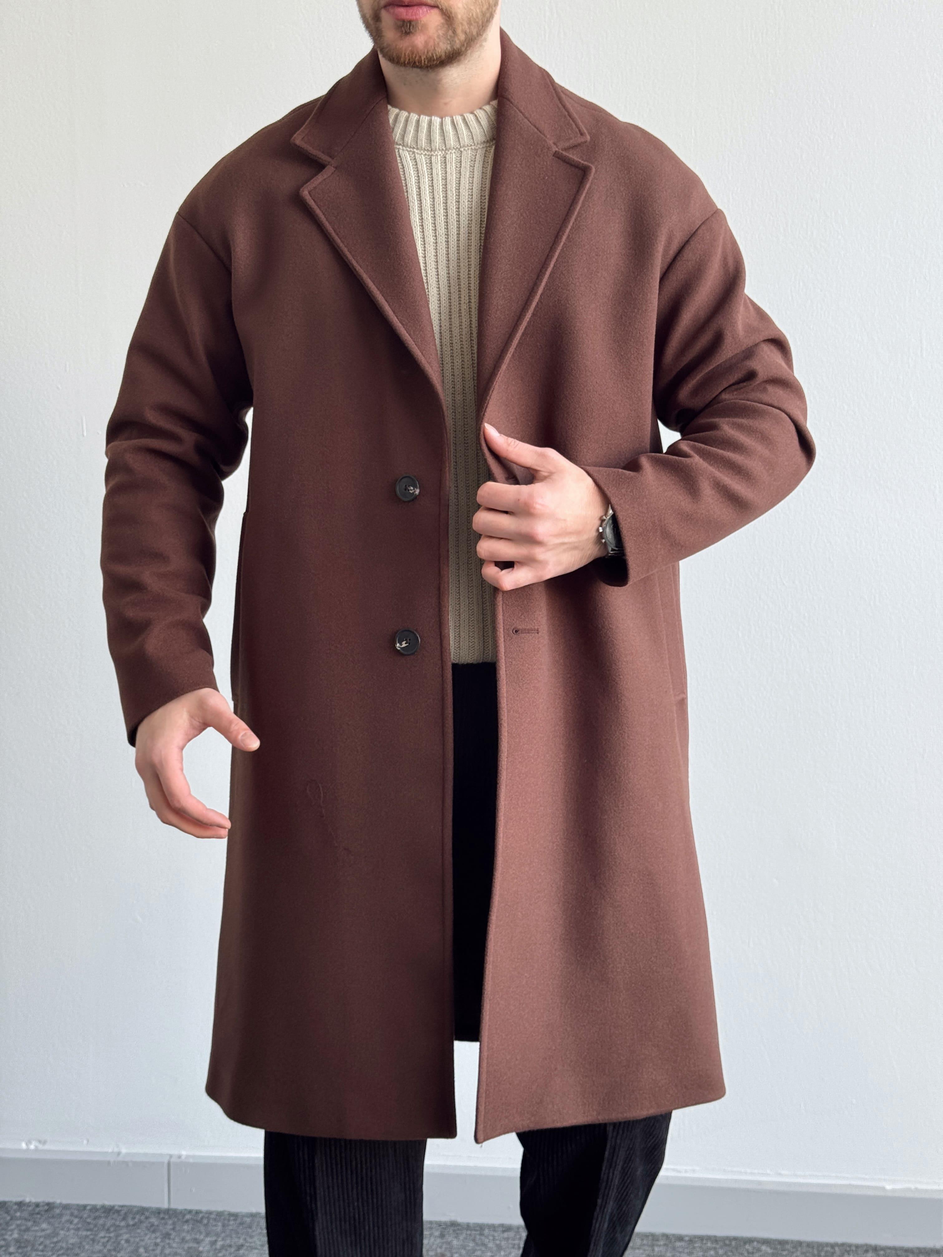Erkek Özel Premium Seri Kalite İçi Astarlı Kruvaze Yaka Oversize Kalıp Kaşe Kaban-Kahverengi(E1195)Ketench