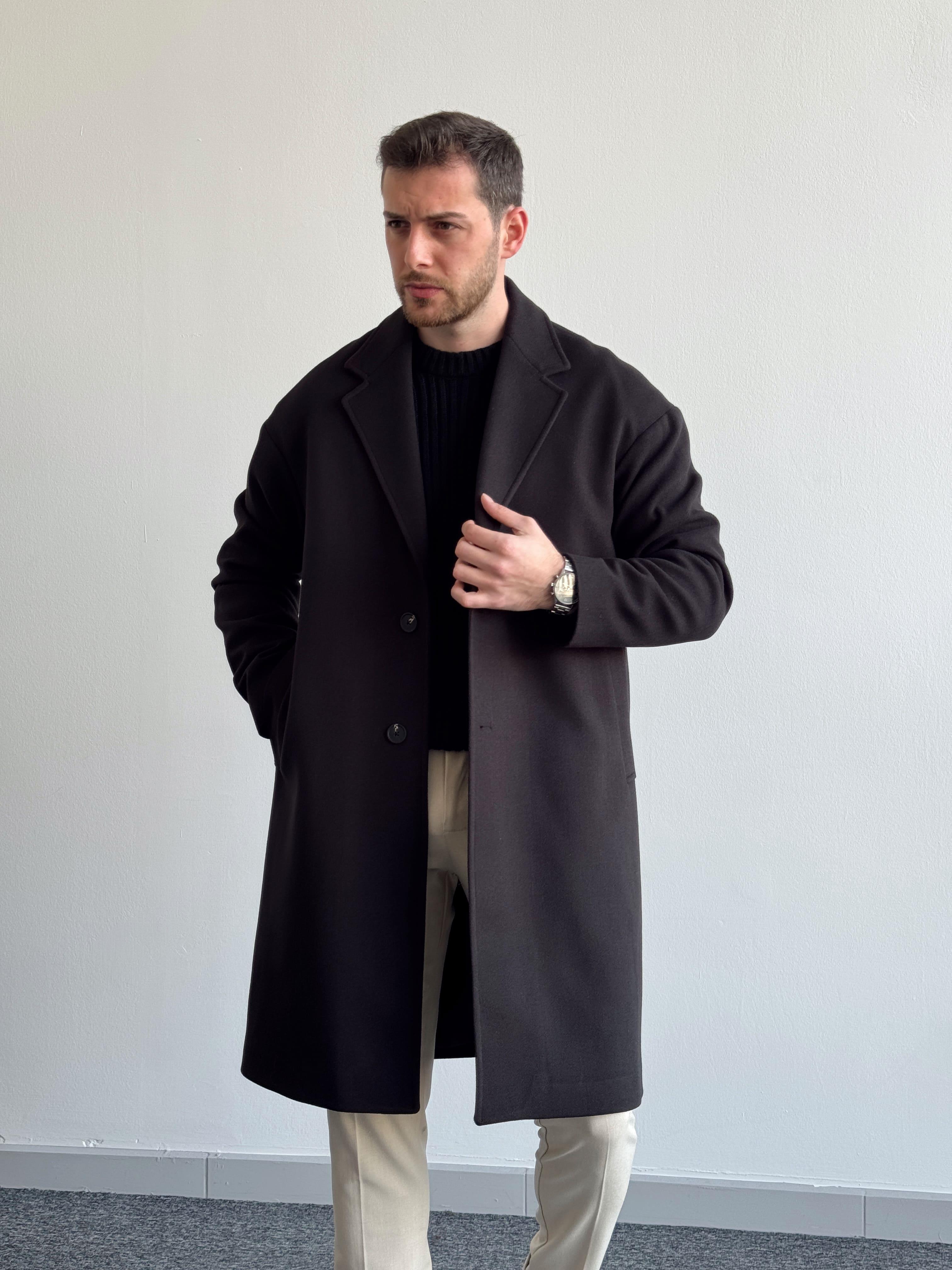 Erkek Özel Premium Seri Kalite İçi Astarlı Kruvaze Yaka Oversize Kalıp Kaşe Kaban-Siyah(E1195)Ketench