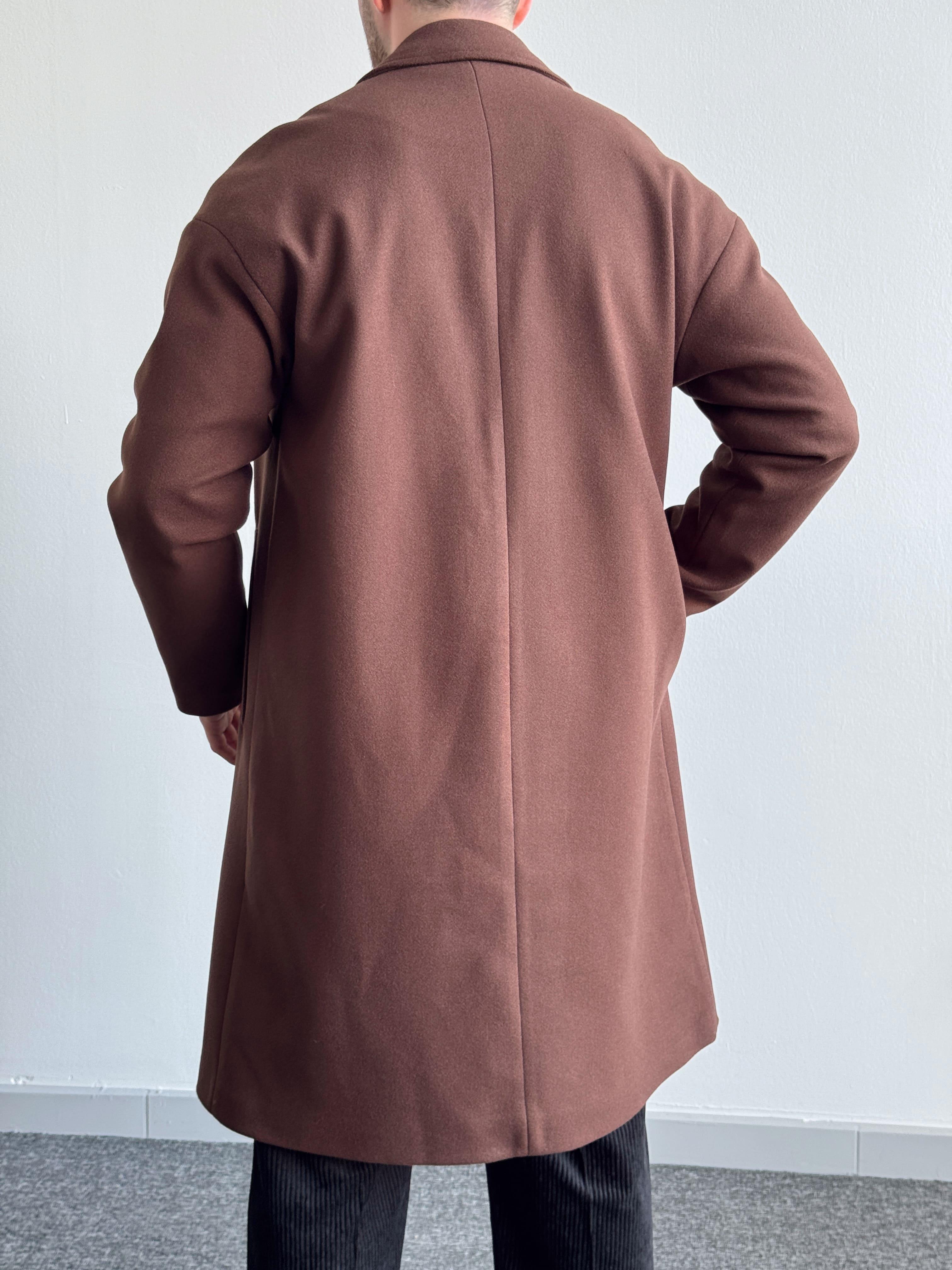 Erkek Özel Premium Seri Kalite İçi Astarlı Kruvaze Yaka Oversize Kalıp Kaşe Kaban-Kahverengi(E1195)Ketench