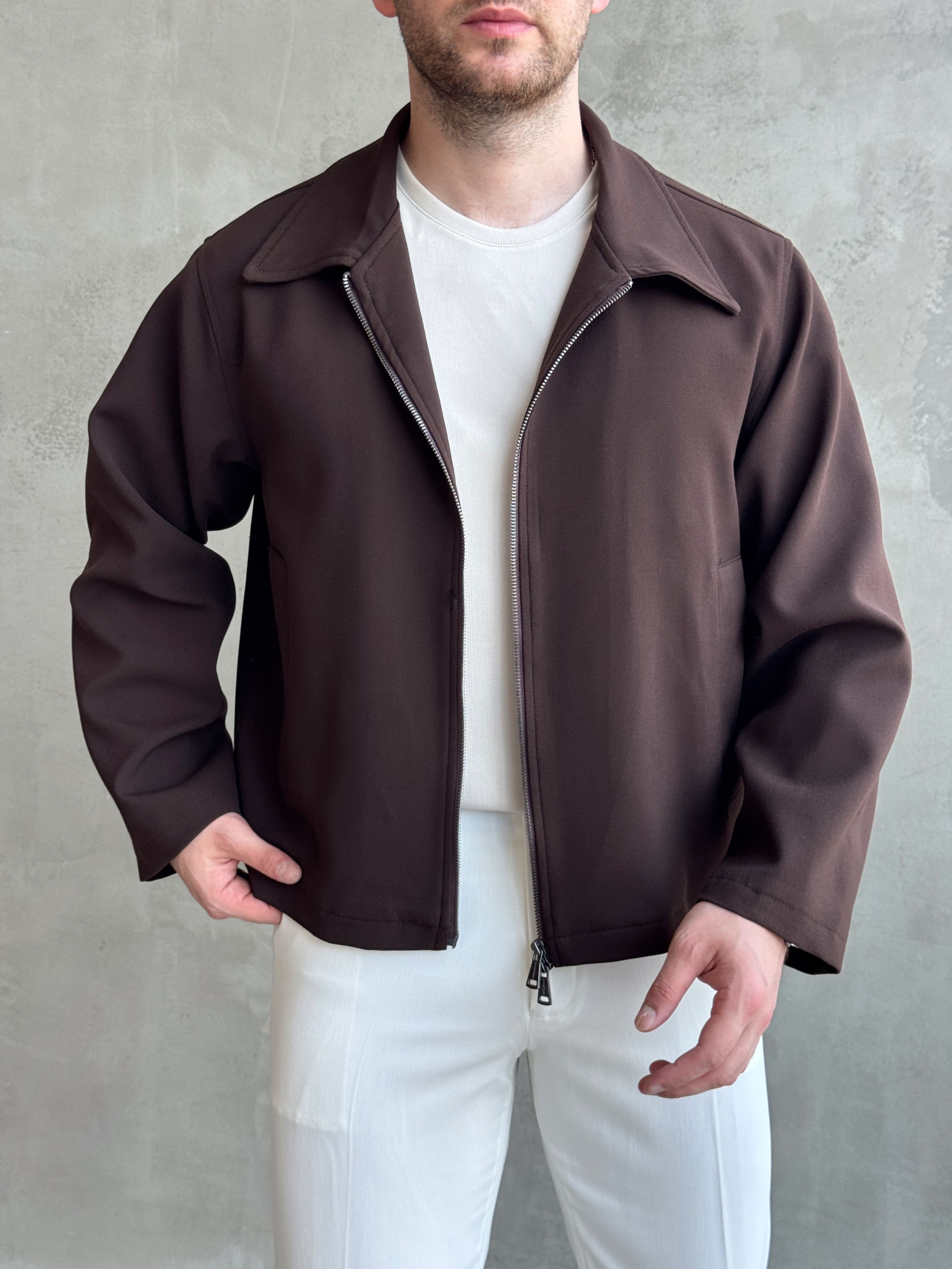 Erkek Özel Premium Seri Oversize Kalıp Çift Astarlı Düz Model Gabardin Kumaş Ceket-Kahverengi(E1761)Ketench