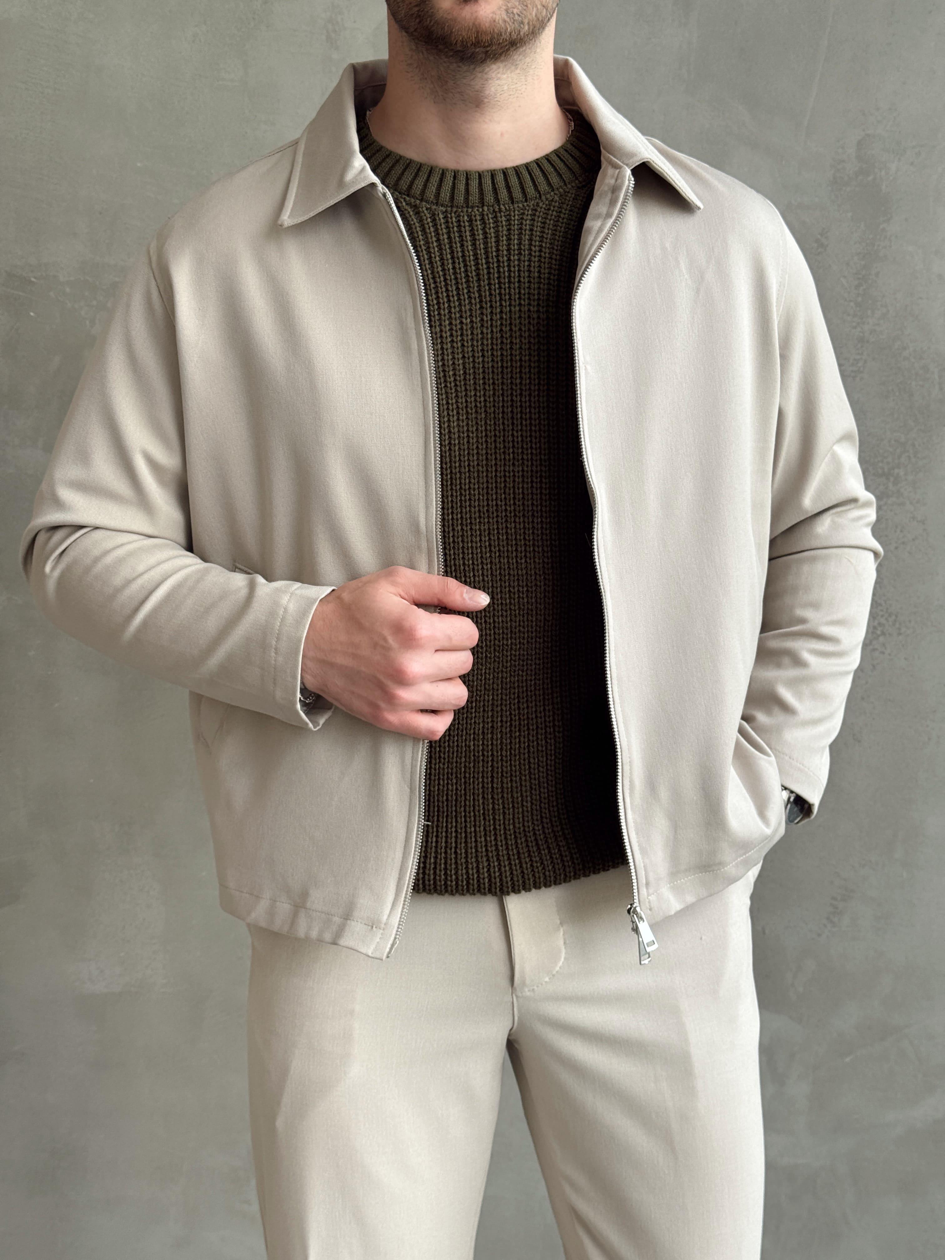 Erkek Özel Premium Seri Oversize Kalıp Çift Astarlı Düz Model Gabardin Kumaş Ceket-Bej(E1464)Ketench