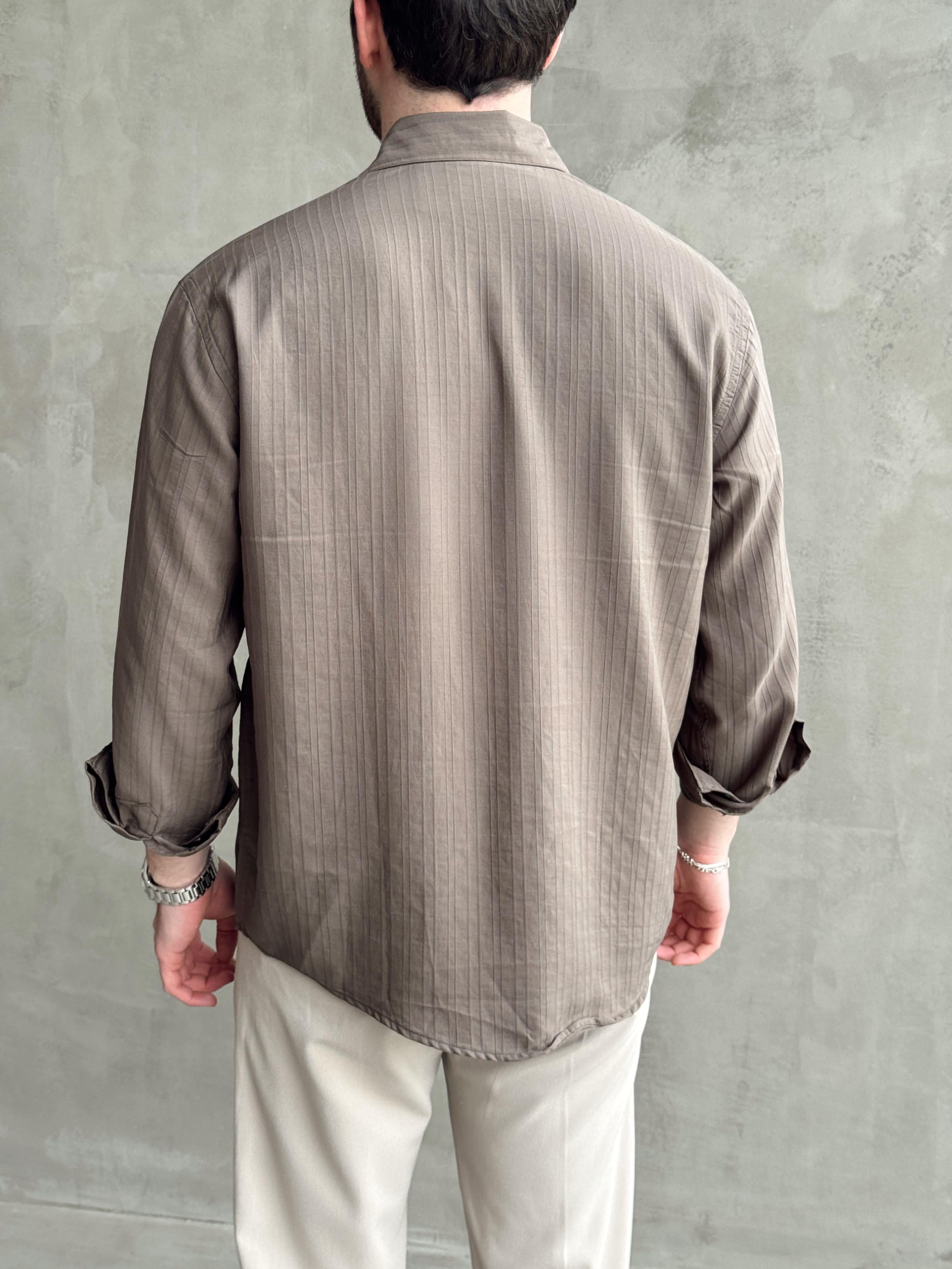 Erkek Özel Premium Seri Oversize Kalıp Çizgi Detaylı Lyocell Kumaş Gömlek-Haki(E1679)Ketench