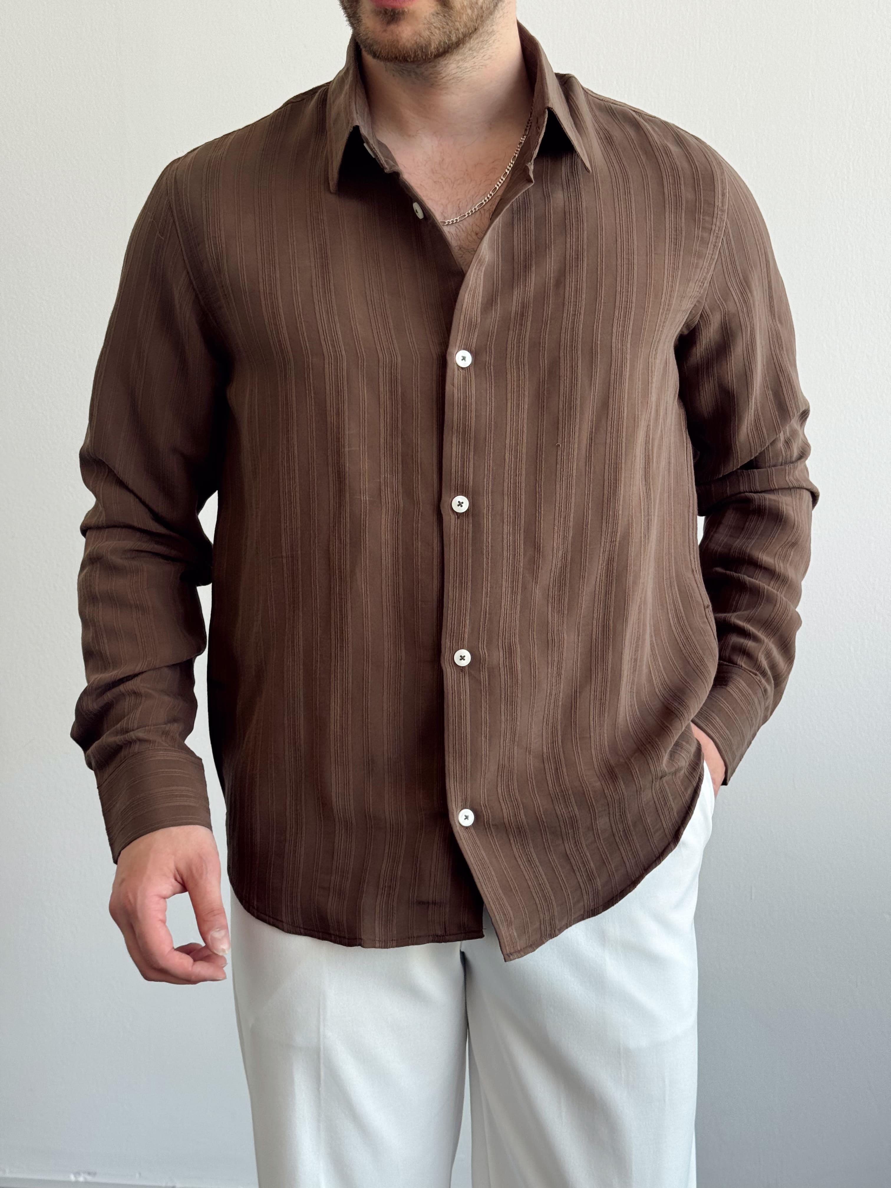 Erkek Özel Premium Seri Oversize Kalıp Çizgi Detay Gömlek-Kahverengi(E1424)Ketench