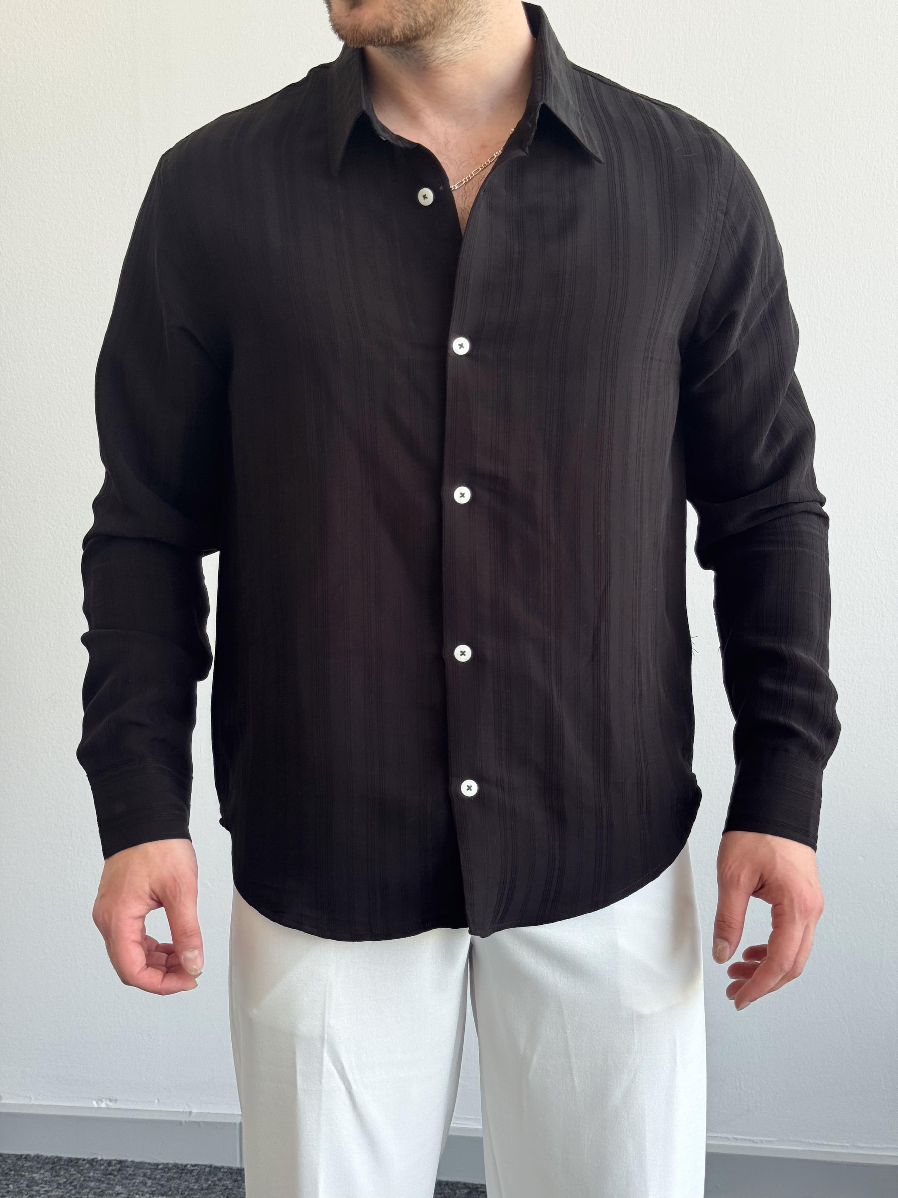 Erkek Özel Premium Seri Oversize Kalıp Çizgi Detay Gömlek-Siyah(E1424)Ketench