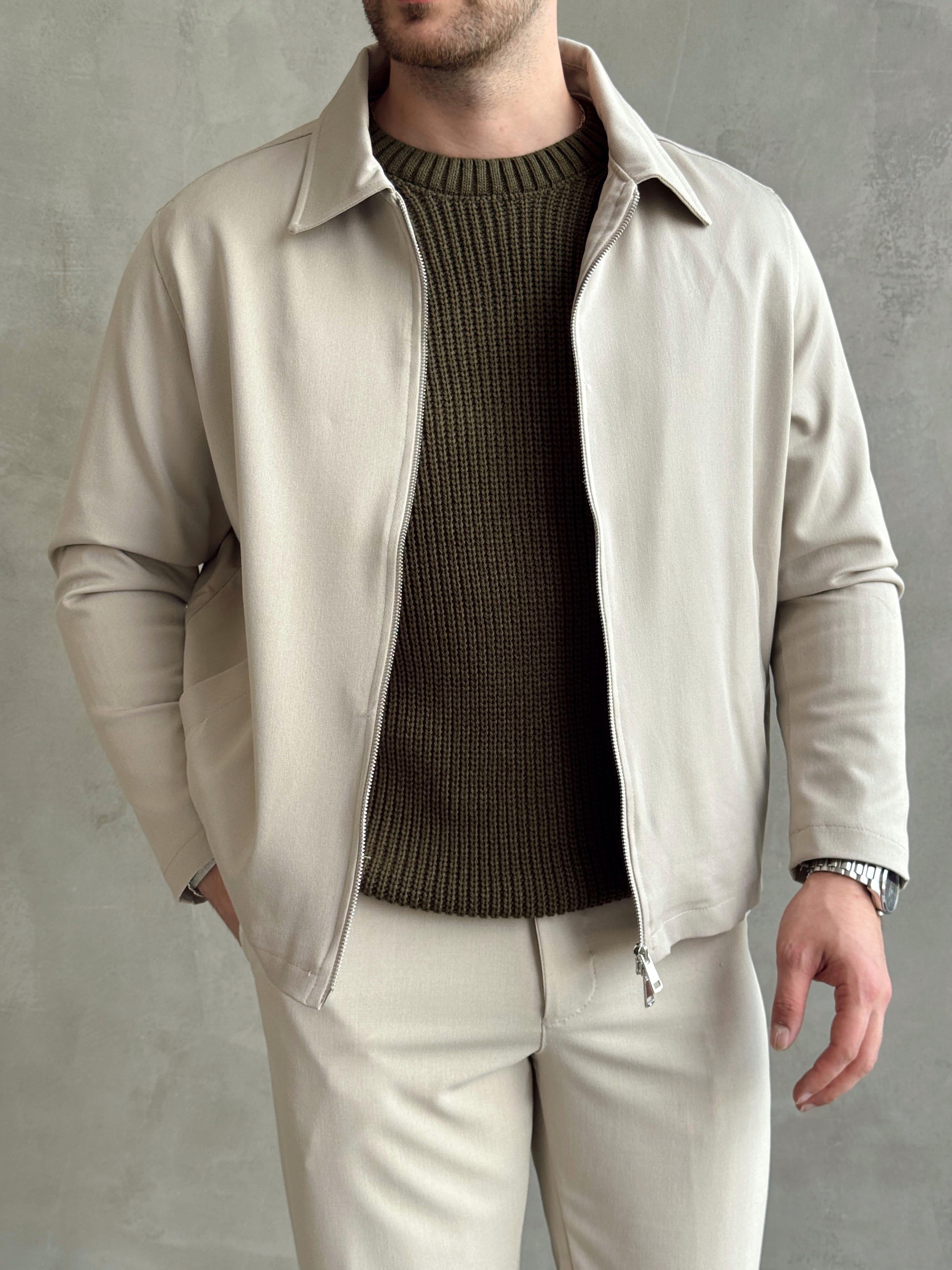 Erkek Özel Premium Seri Oversize Kalıp Çift Astarlı Düz Model Gabardin Kumaş Ceket-Bej(E1464)Ketench