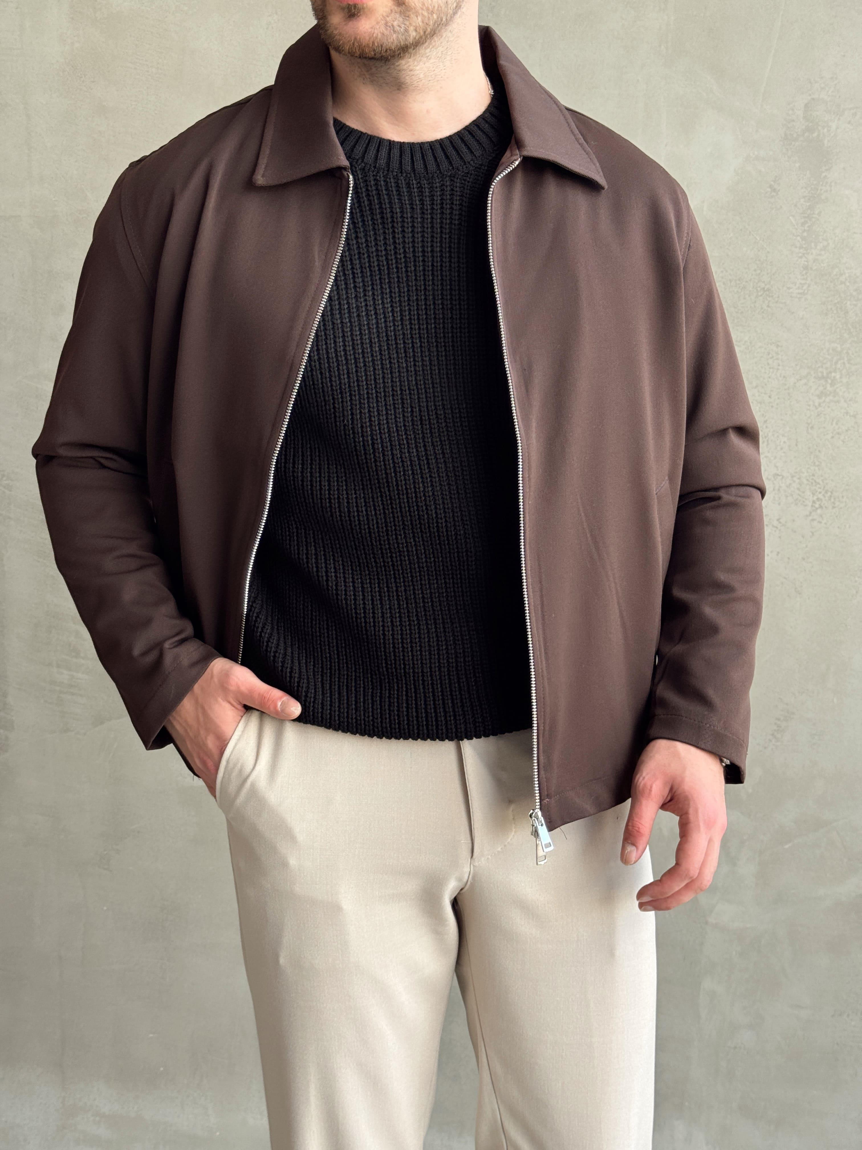Erkek Özel Premium Seri Oversize Kalıp Çift Astarlı Düz Model Gabardin Kumaş Ceket-Kahverengi(E1464)Ketench
