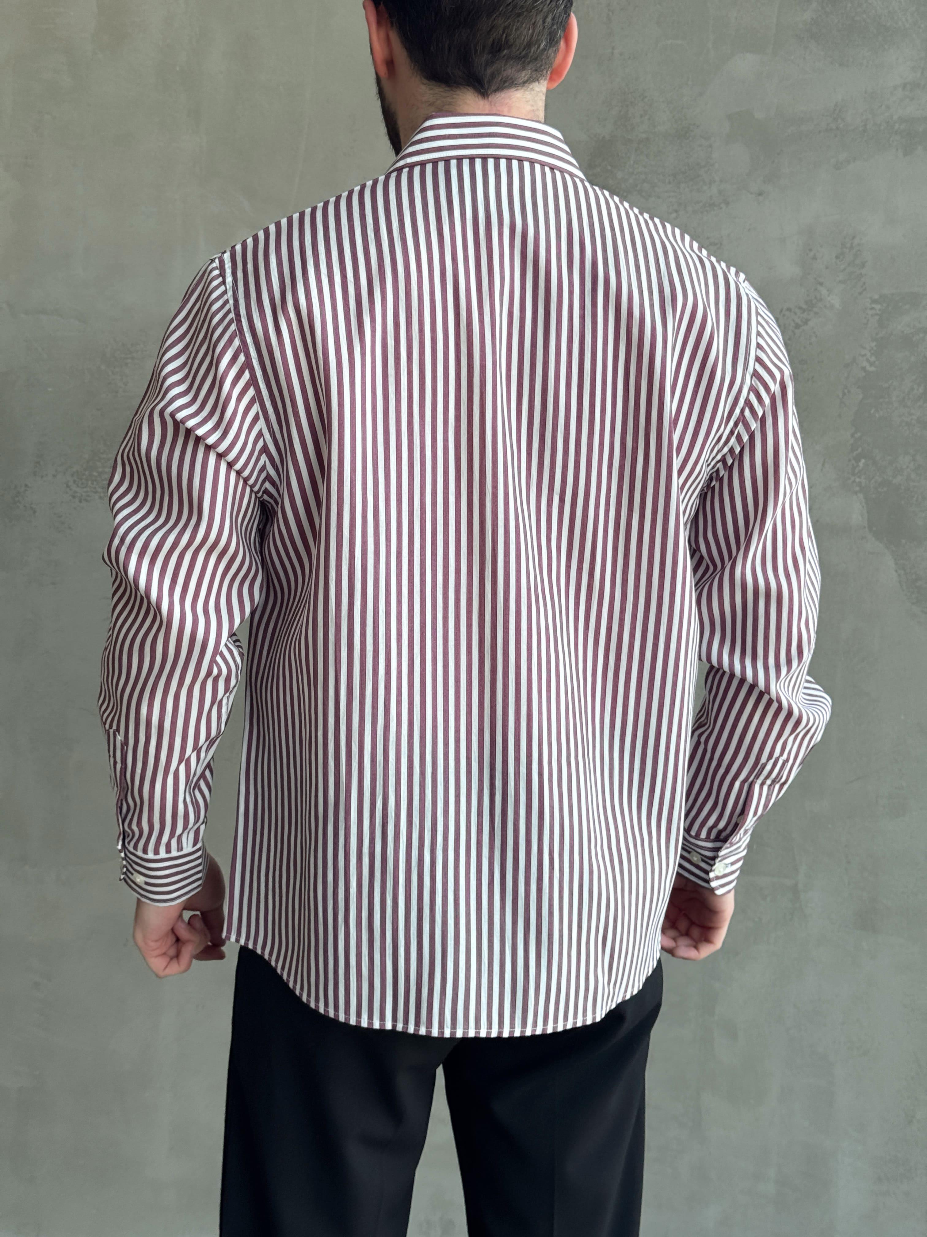 Erkek Özel Premium Seri Oversize Kalıp Çizgili Gömlek-Bordo(E1629)Ketench