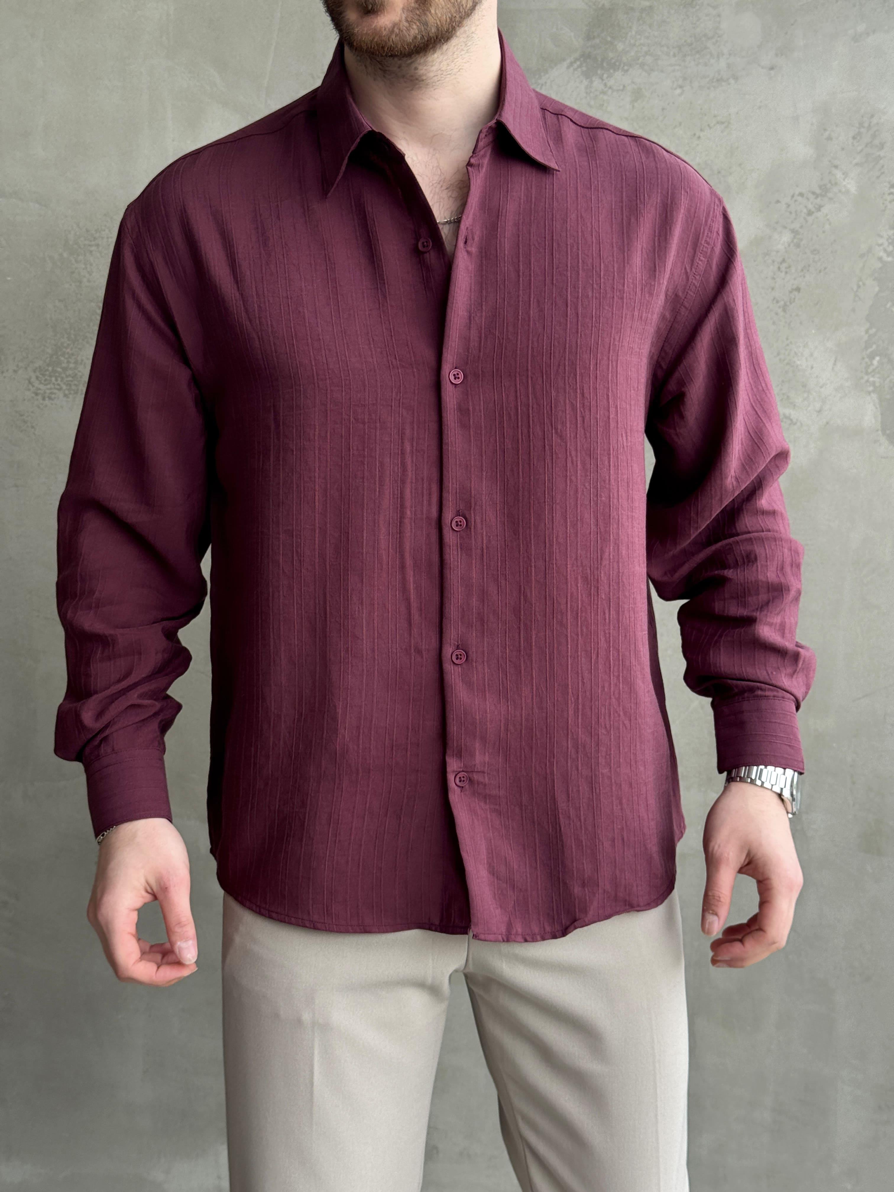 Erkek Özel Premium Seri Oversize Kalıp Çizgi Detaylı Lyocell Kumaş Gömlek-Bordo(E1679)Ketench