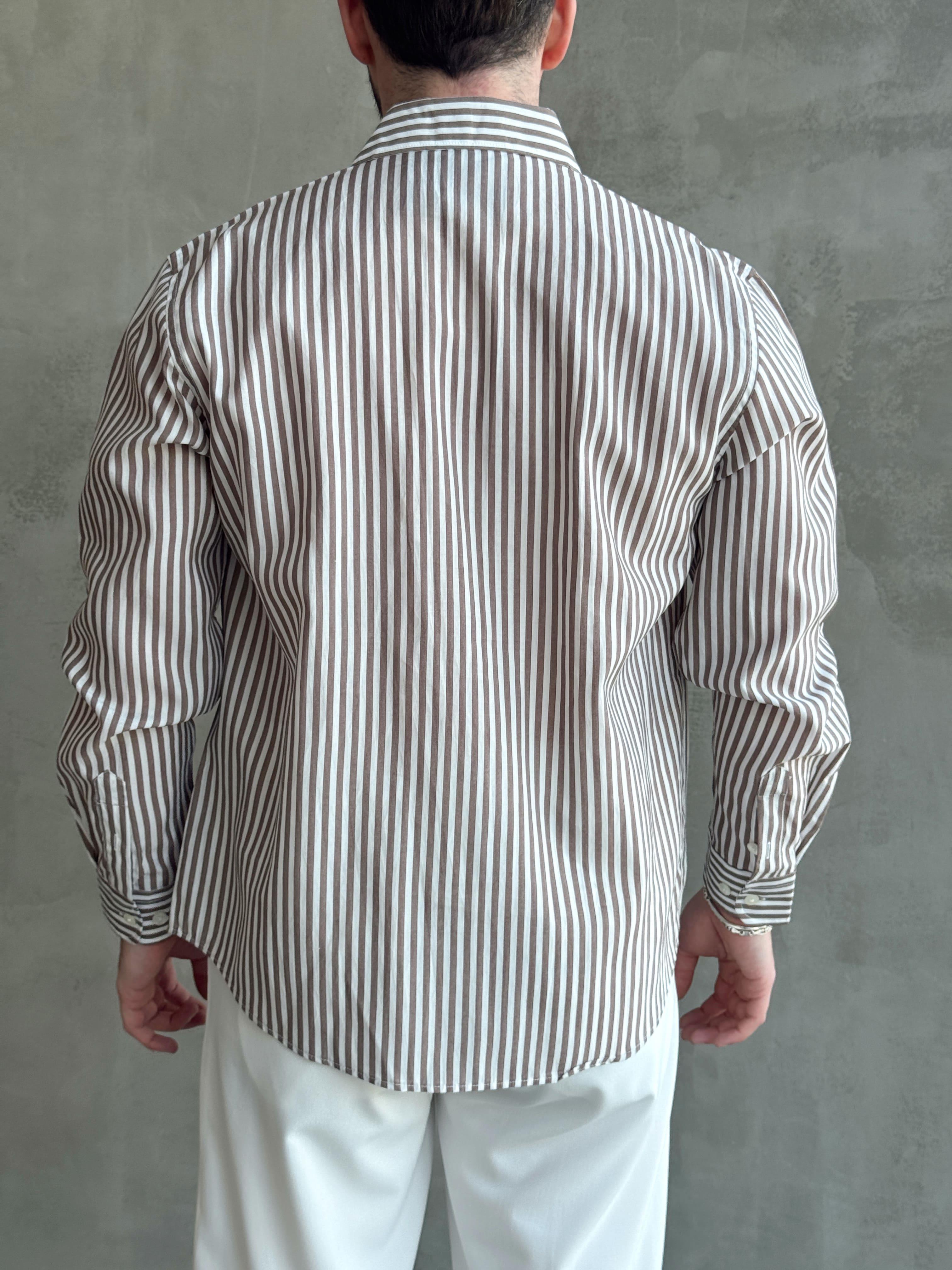 Erkek Özel Premium Seri Oversize Kalıp Çizgili Gömlek-Kahverengi(E1629)Ketench