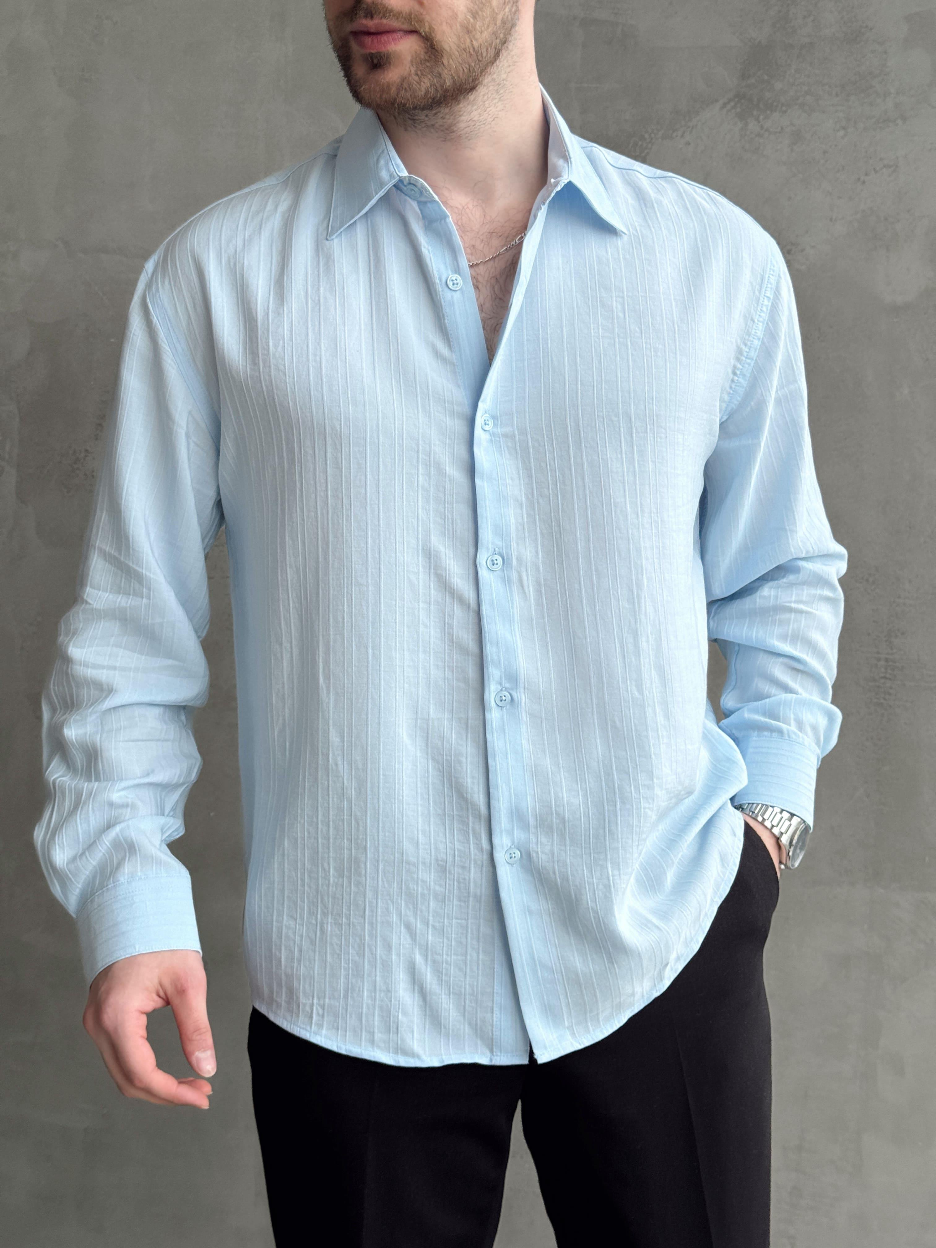 Erkek Özel Premium Seri Oversize Kalıp Çizgi Detaylı Lyocell Kumaş Gömlek-Bebe Mavi(E1679)Ketench