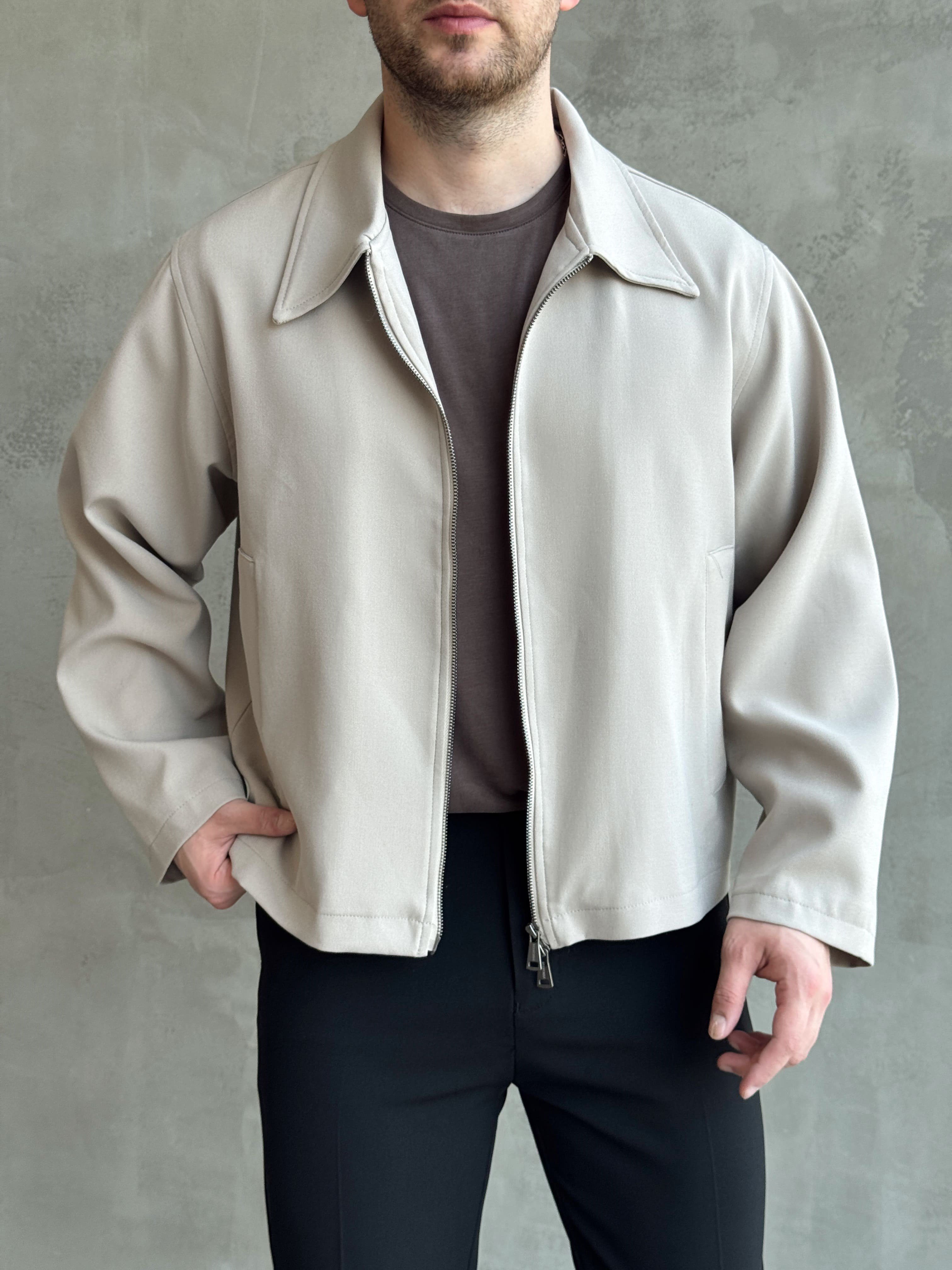 Erkek Özel Premium Seri Oversize Kalıp Çift Astarlı Düz Model Gabardin Kumaş Ceket-Bej(E1761)Ketench