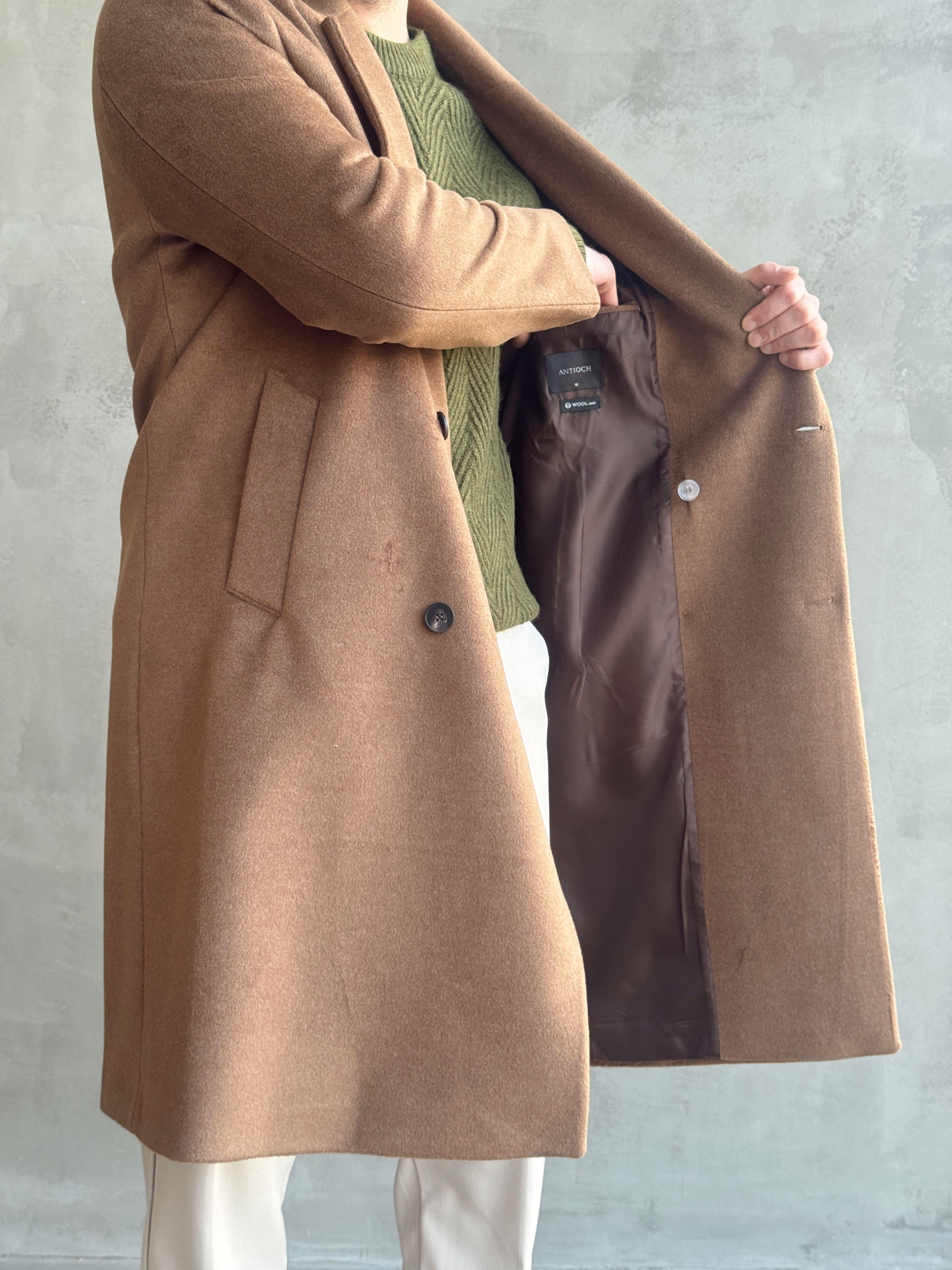 Erkek Özel Premium Seri Oversize Kalıp Düğme Detaylı Kruvaze Yaka Kaşe Kaban-Kahverengi(E1544)Ketench