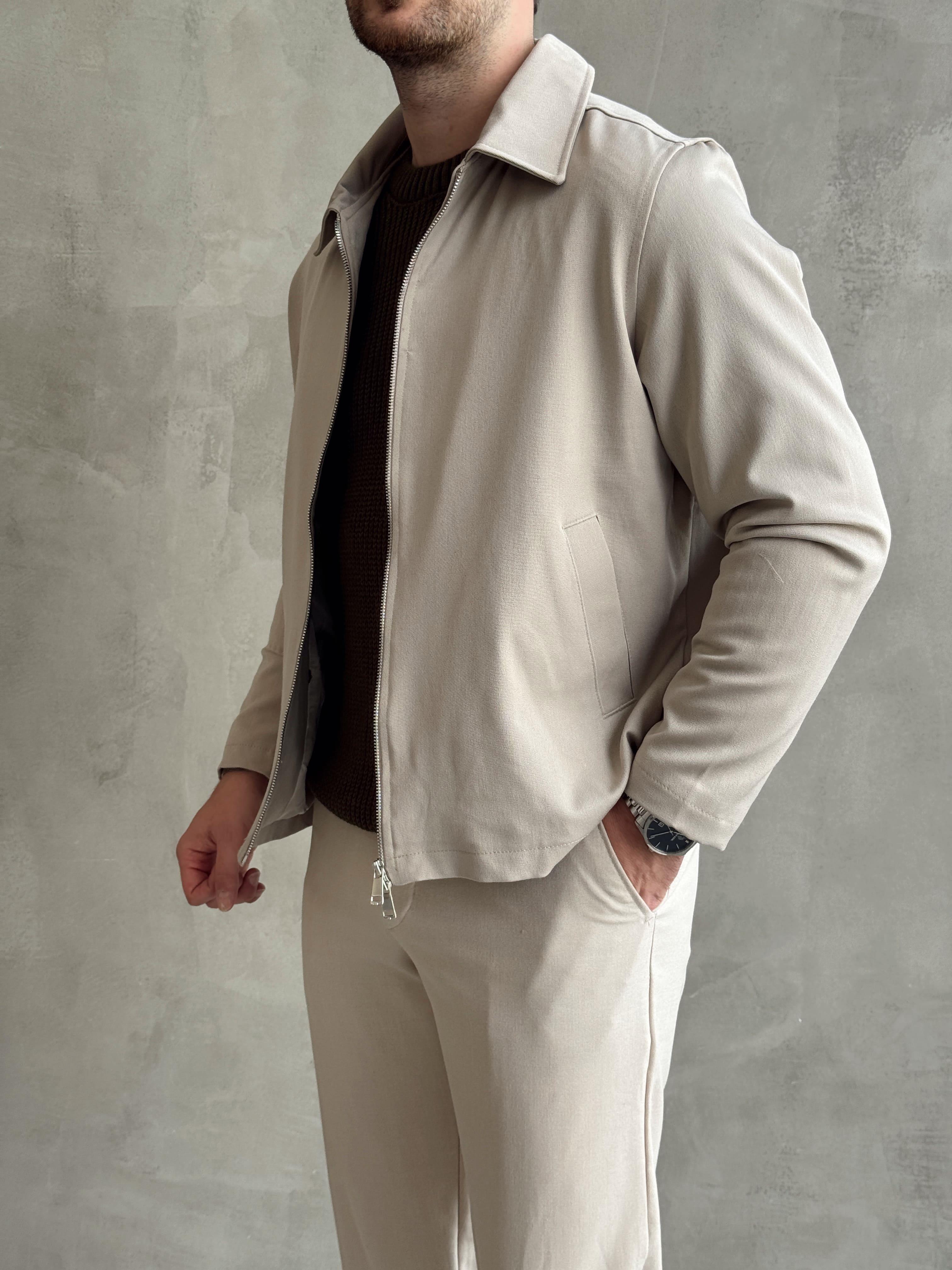 Erkek Özel Premium Seri Oversize Kalıp Çift Astarlı Düz Model Gabardin Kumaş Ceket-Bej(E1464)Ketench