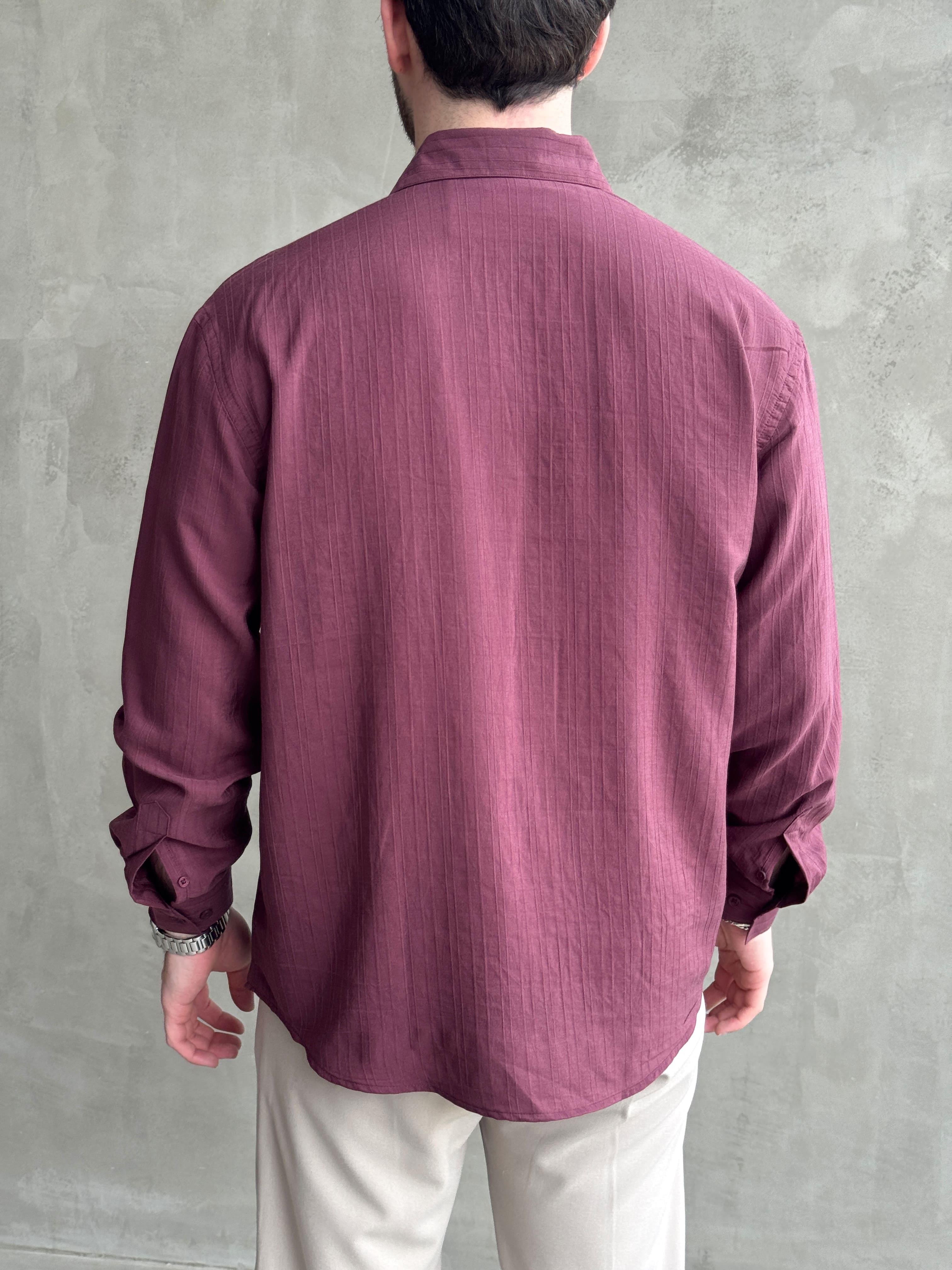 Erkek Özel Premium Seri Oversize Kalıp Çizgi Detaylı Lyocell Kumaş Gömlek-Bordo(E1679)Ketench