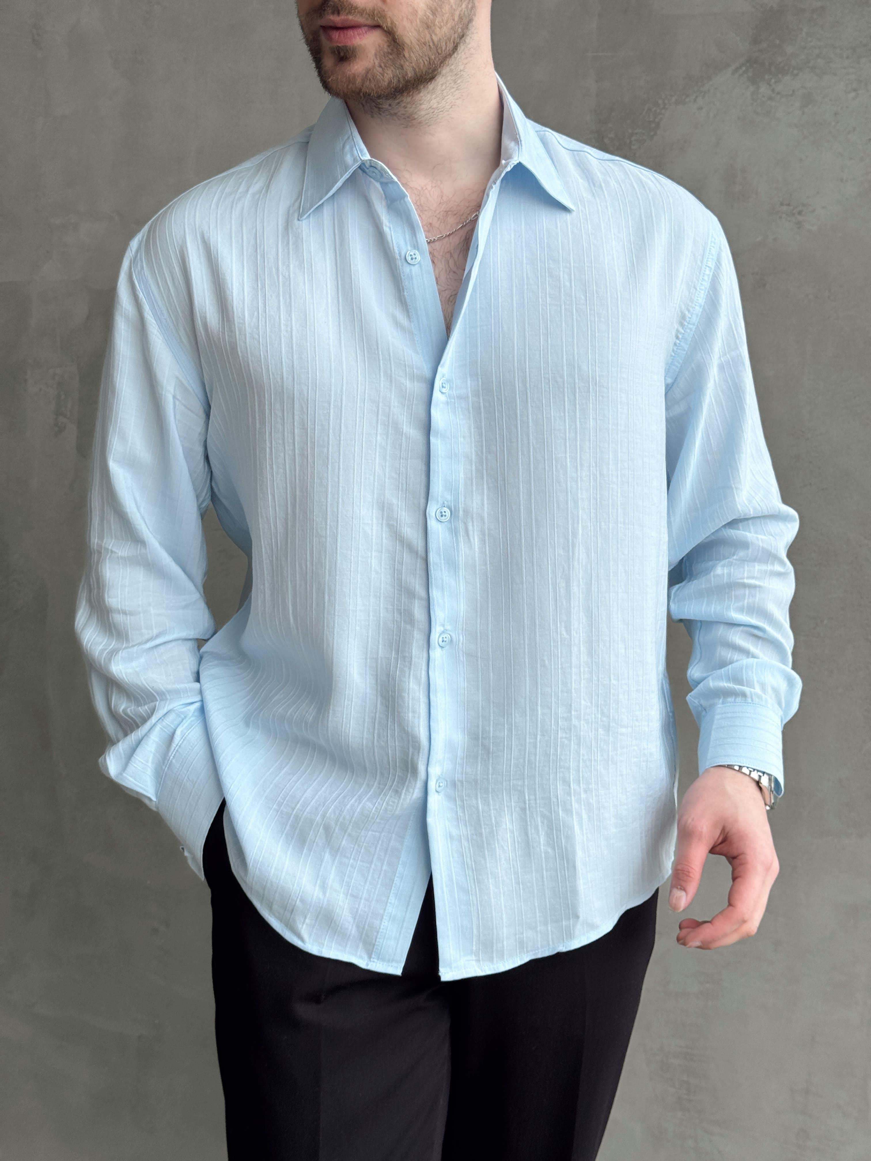 Erkek Özel Premium Seri Oversize Kalıp Çizgi Detaylı Lyocell Kumaş Gömlek-Bebe Mavi(E1679)Ketench