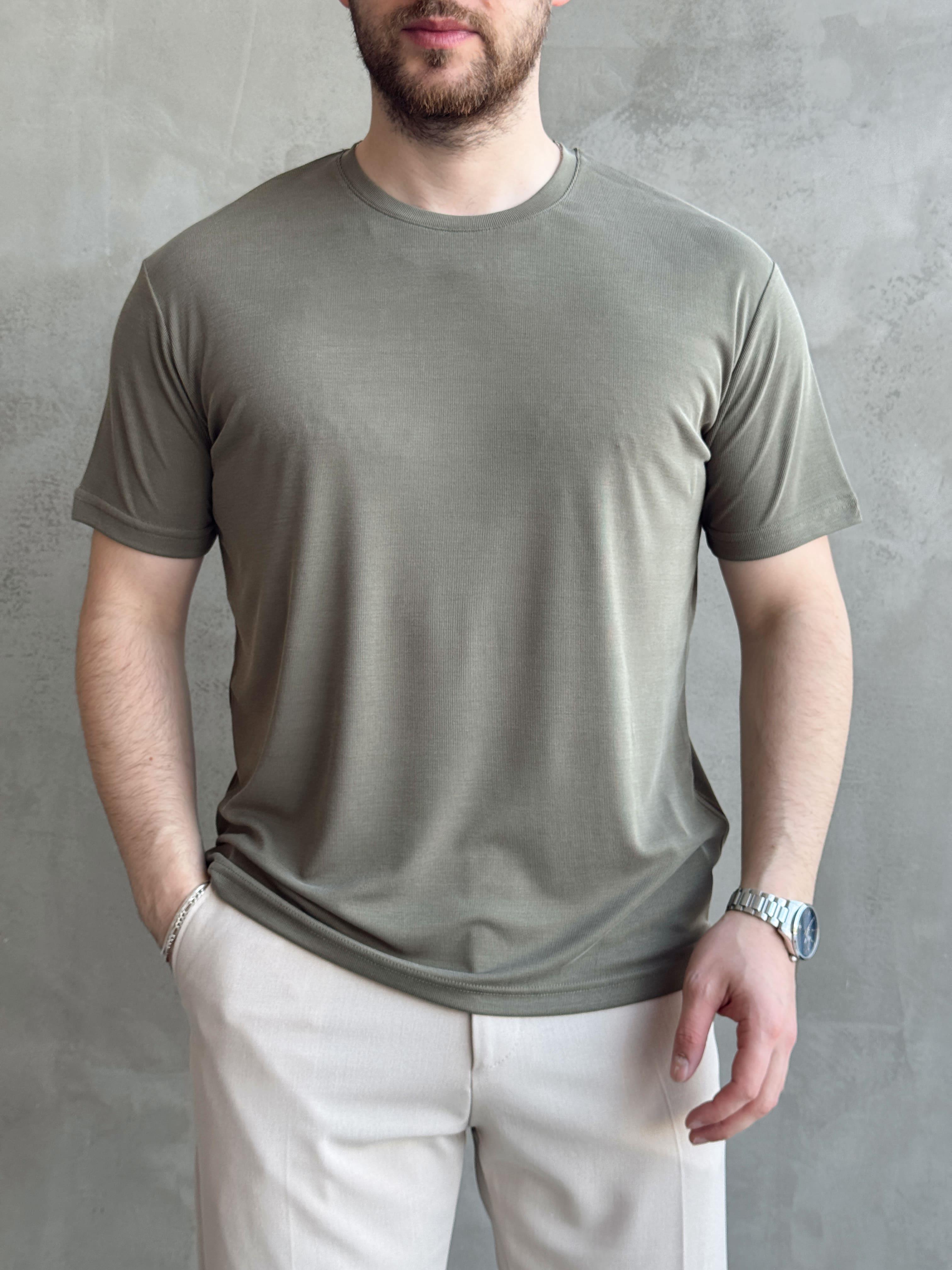 Erkek Özel Premium Seri Oversize Kalıp Bisiklet Yaka Luxury Comfort T-Shirt-Haki(1628)Ketench
