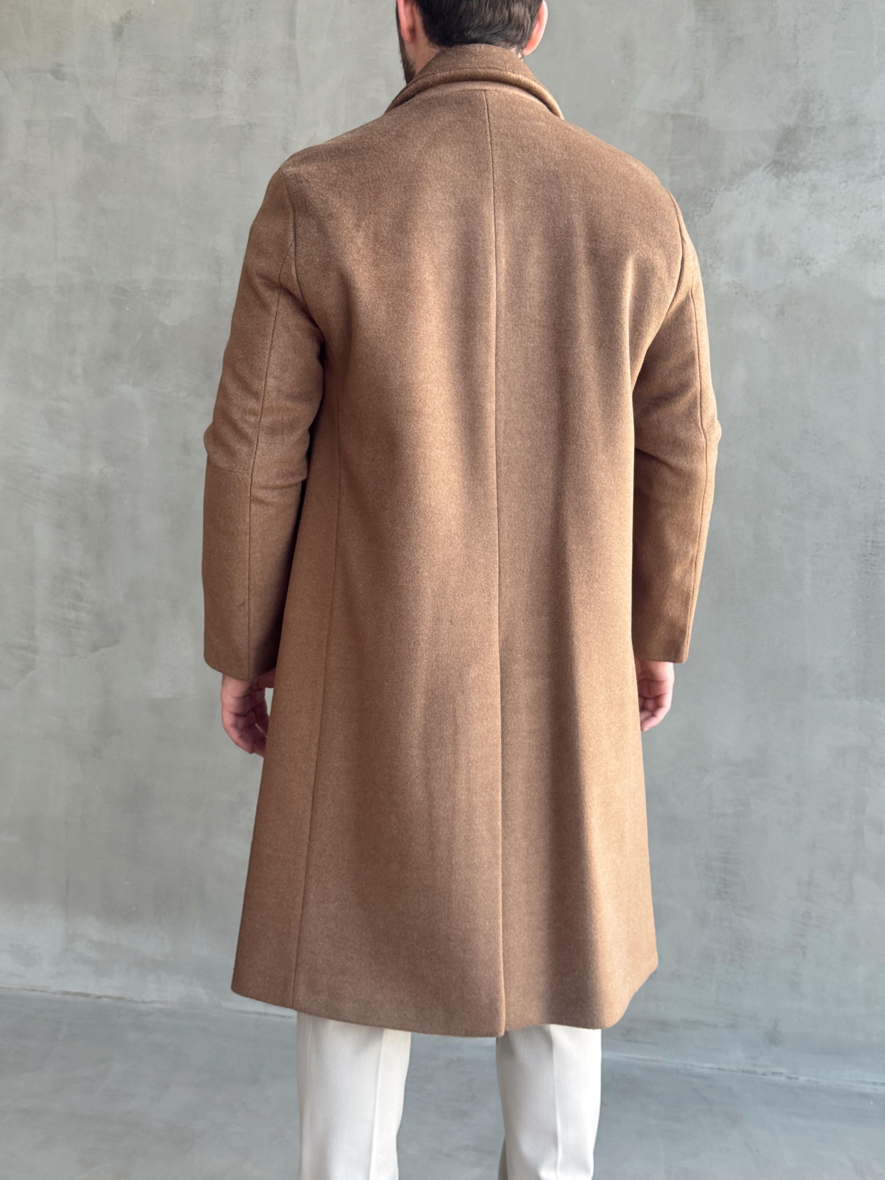 Erkek Özel Premium Seri Oversize Kalıp Düğme Detaylı Kruvaze Yaka Kaşe Kaban-Kahverengi(E1544)Ketench