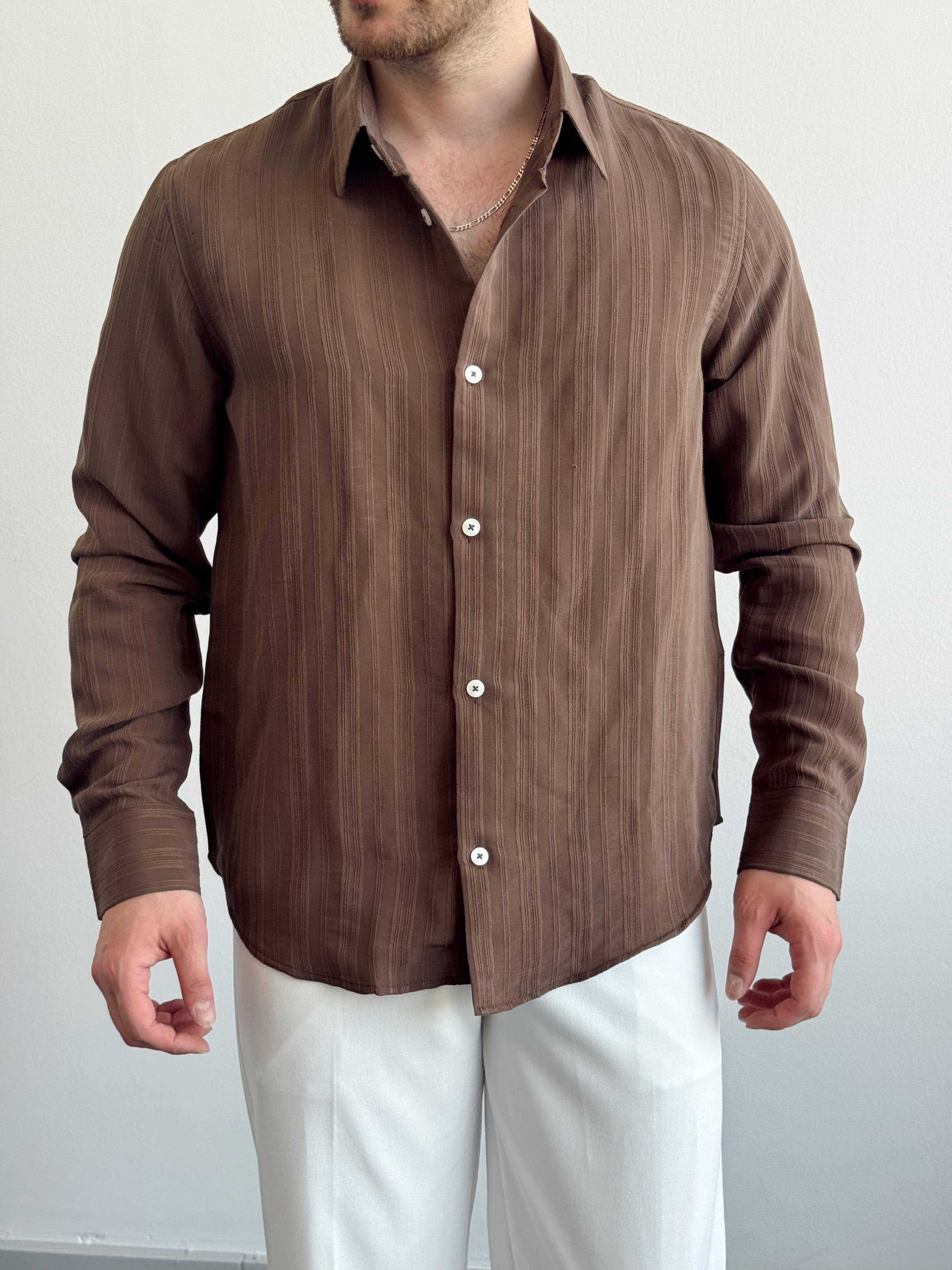 Erkek Özel Premium Seri Oversize Kalıp Çizgi Detay Gömlek-Kahverengi(E1424)Ketench