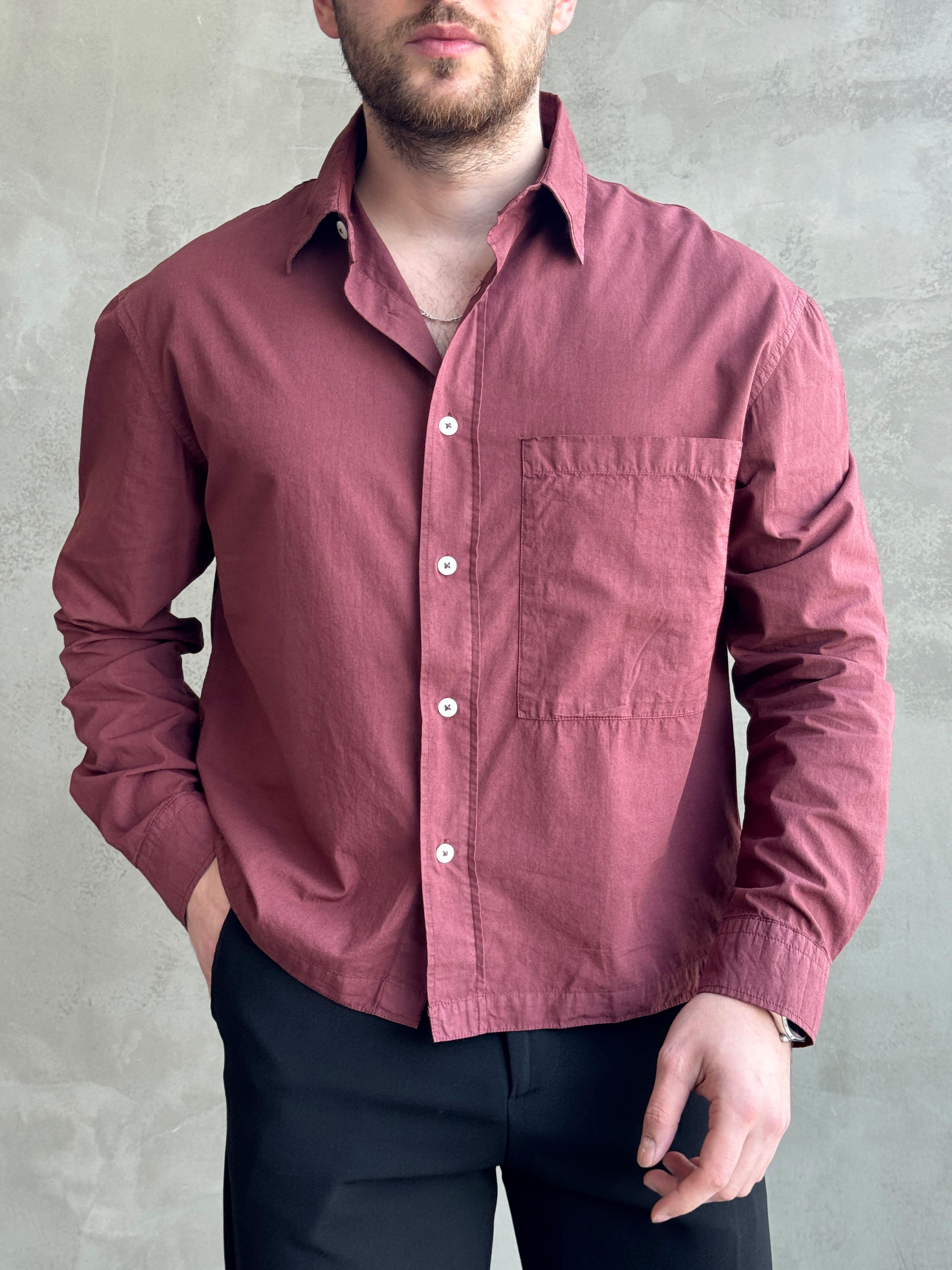 Erkek Özel Premium Seri Oversize Kalıp Cep Detaylı %100 Pamuk Gömlek-Bordo(E1625)Ketench