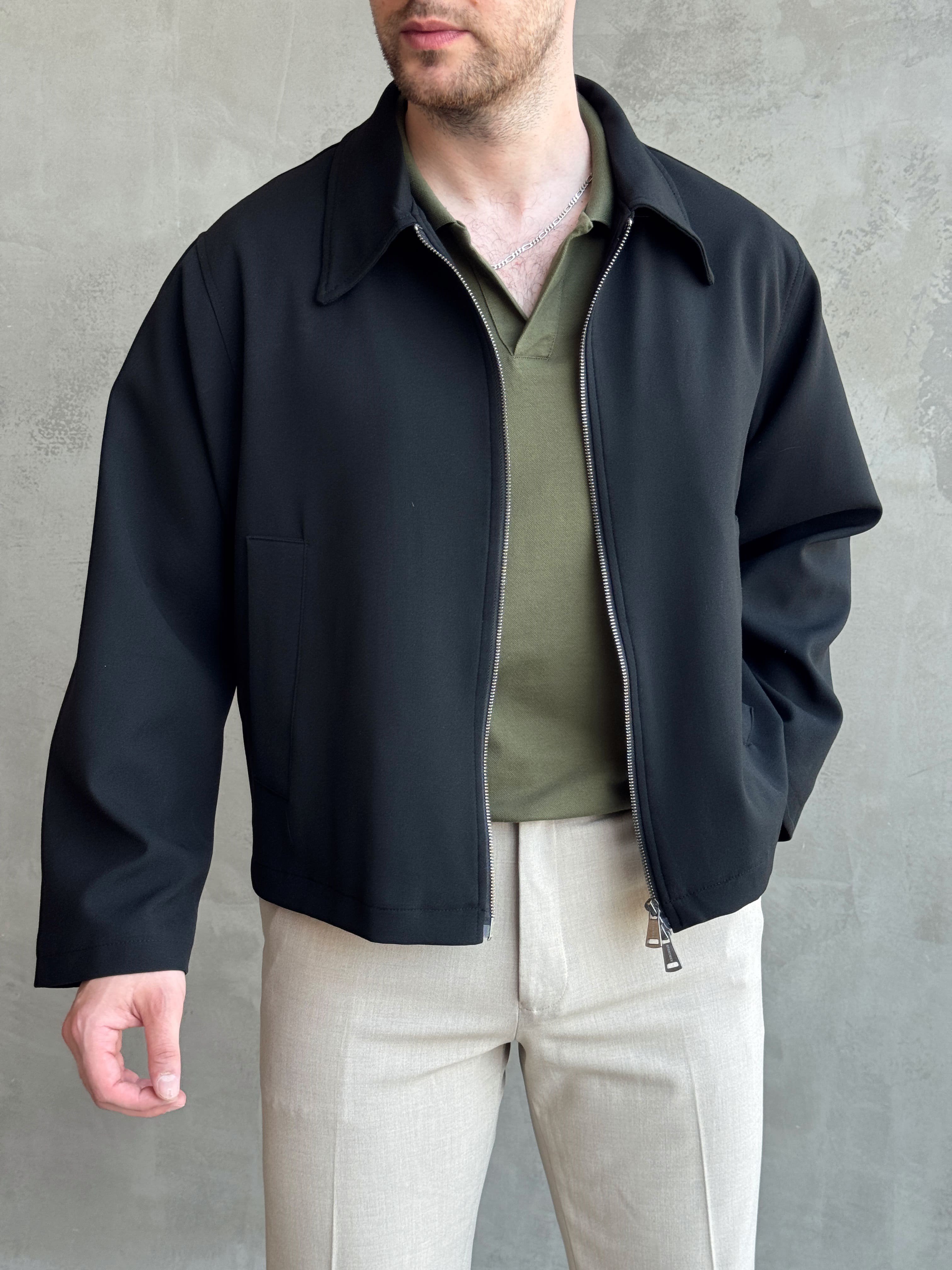 Erkek Özel Premium Seri Oversize Kalıp Çift Astarlı Düz Model Gabardin Kumaş Ceket-Siyah(E1761)Ketench