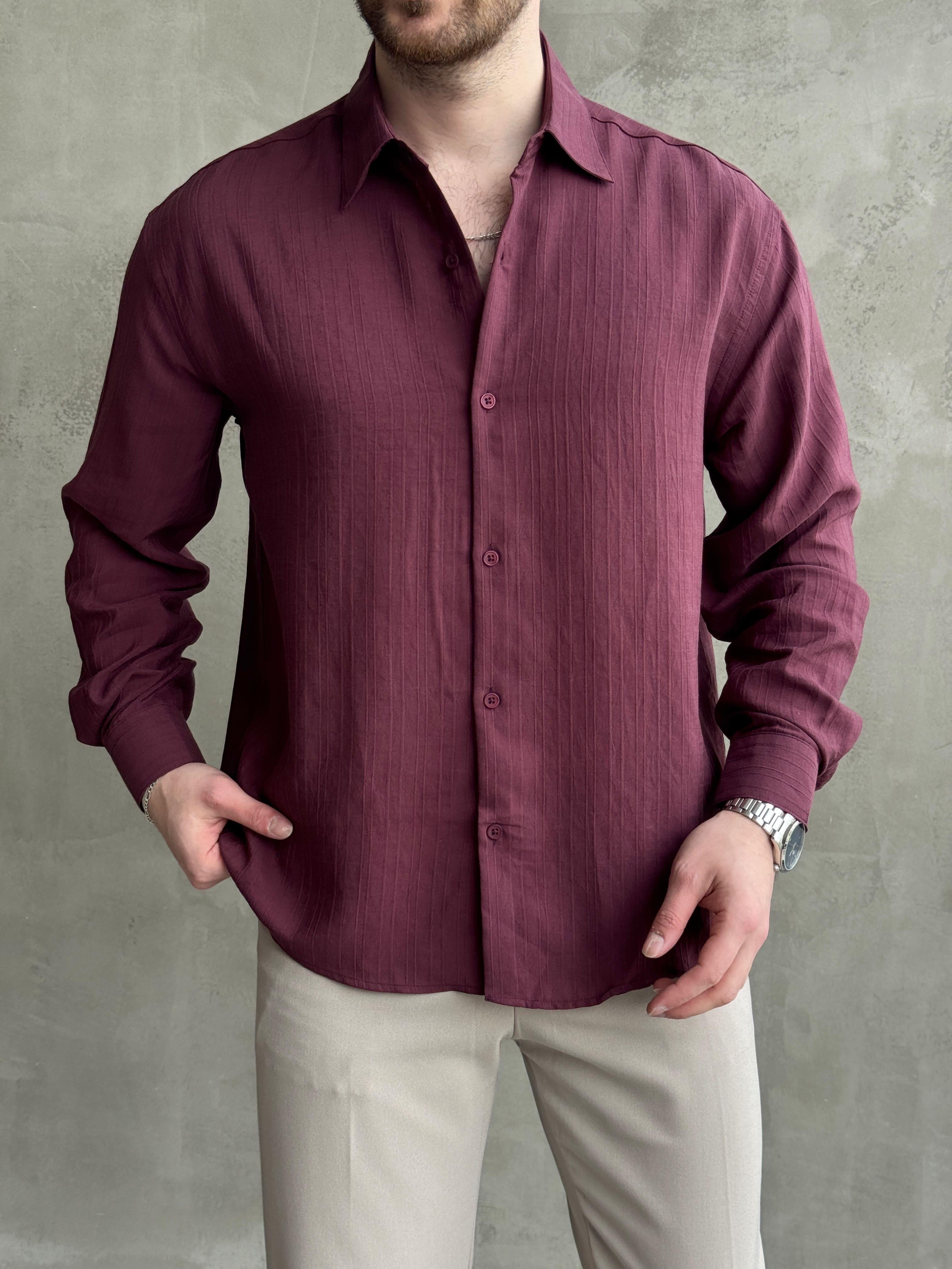 Erkek Özel Premium Seri Oversize Kalıp Çizgi Detaylı Lyocell Kumaş Gömlek-Bordo(E1679)Ketench