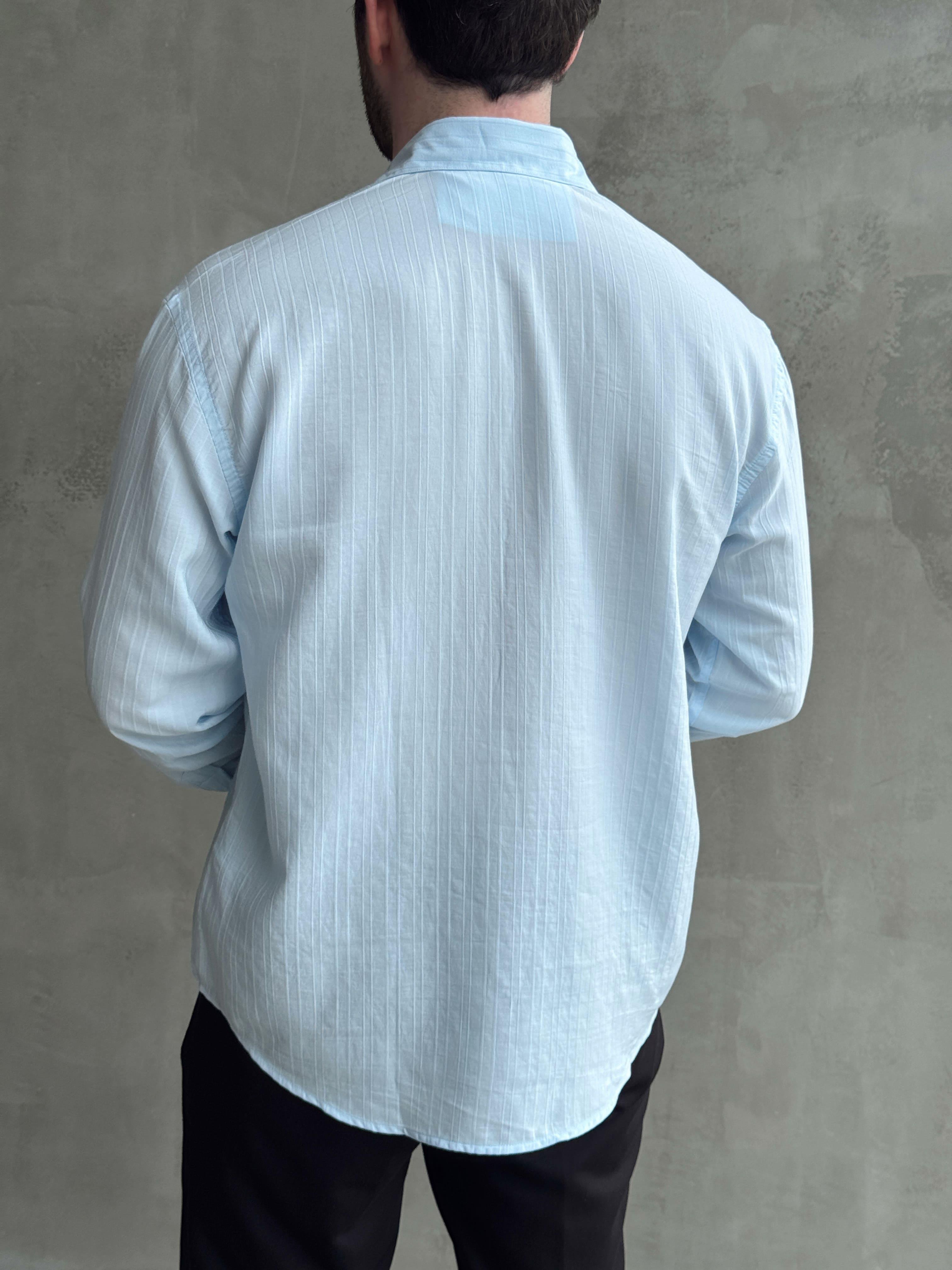 Erkek Özel Premium Seri Oversize Kalıp Çizgi Detaylı Lyocell Kumaş Gömlek-Bebe Mavi(E1679)Ketench