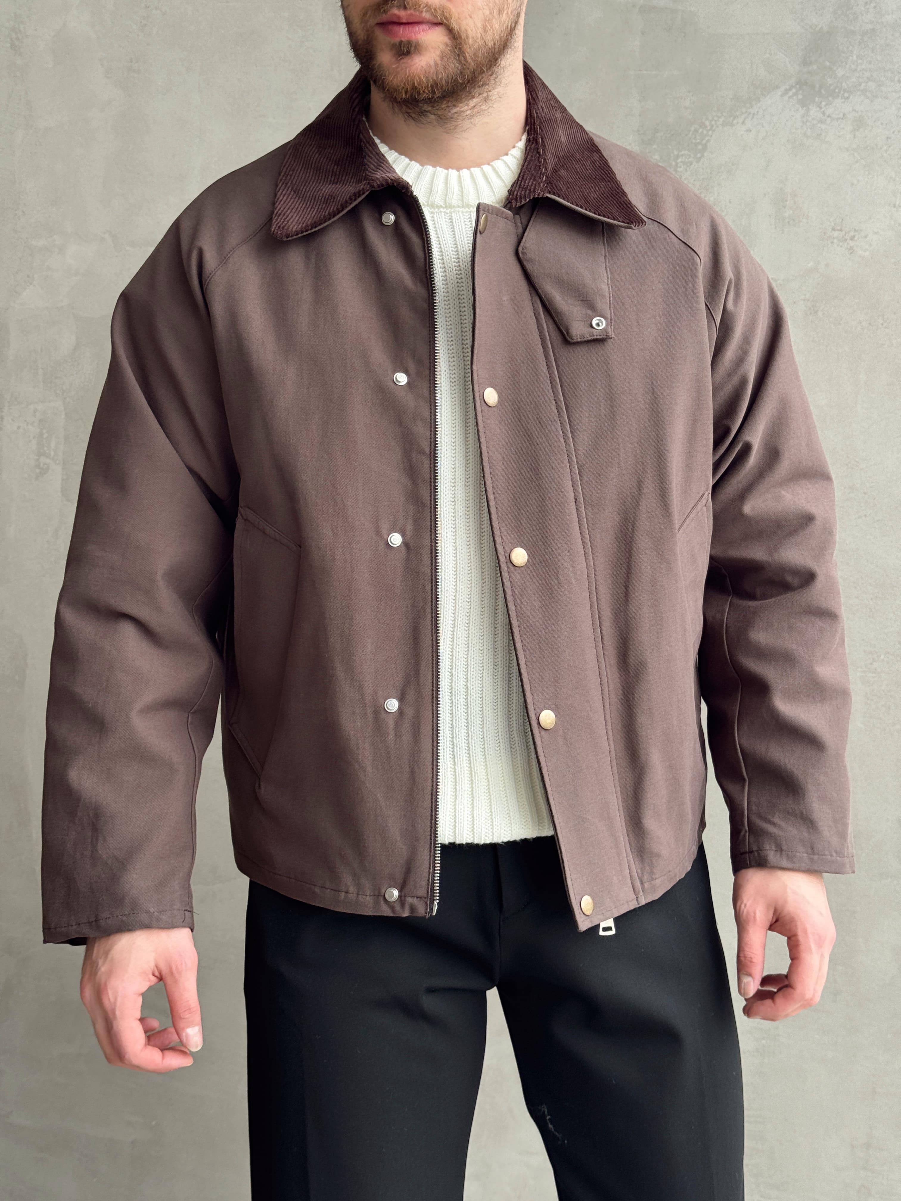 Erkek Özel Premium Seri Oversize Kalıp Kadife Yaka Çıt çıt Detay Kot Ceket-Dark(E1531)Ketench