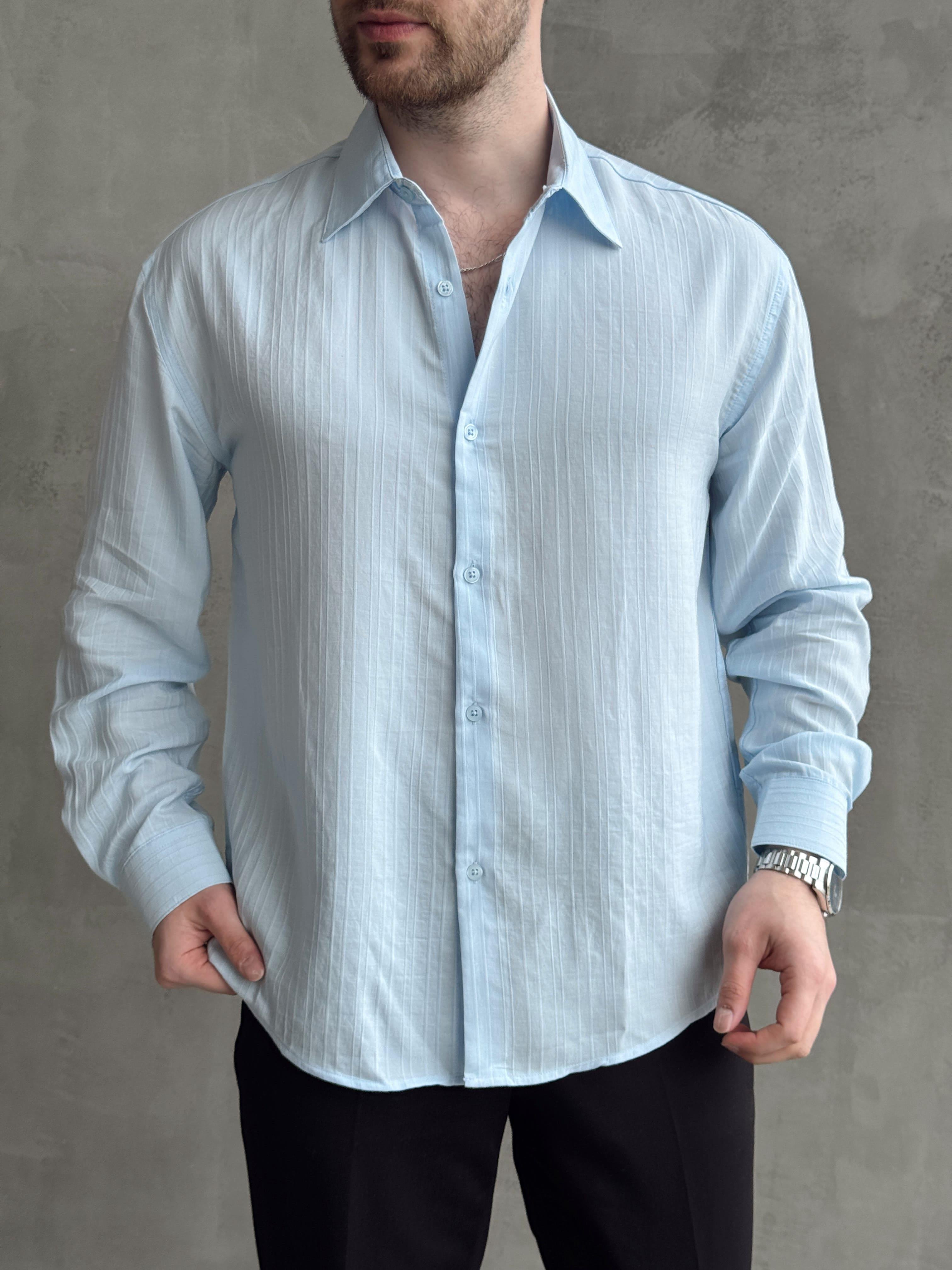 Erkek Özel Premium Seri Oversize Kalıp Çizgi Detaylı Lyocell Kumaş Gömlek-Bebe Mavi(E1679)Ketench