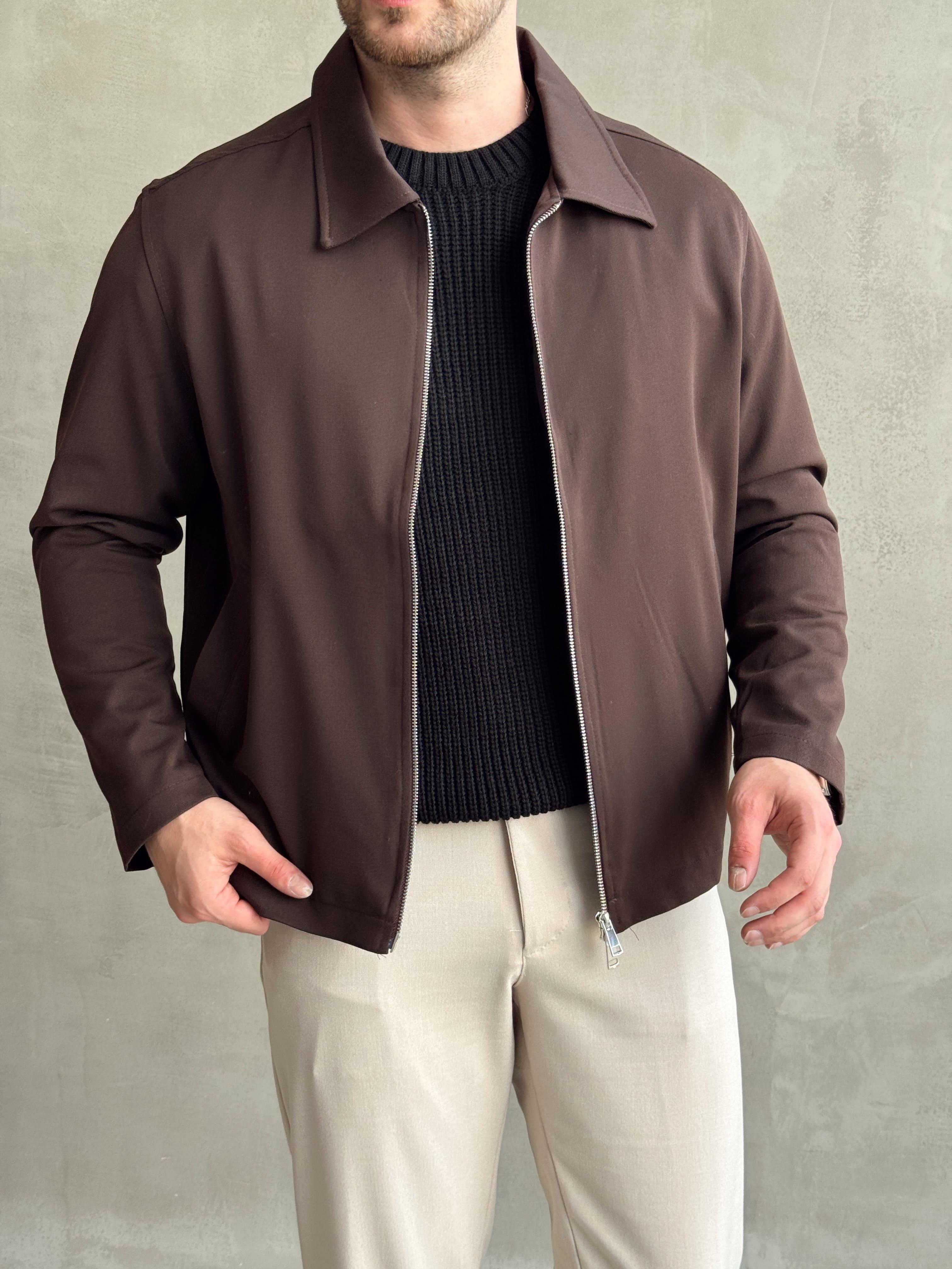 Erkek Özel Premium Seri Oversize Kalıp Çift Astarlı Düz Model Gabardin Kumaş Ceket-Kahverengi(E1464)Ketench