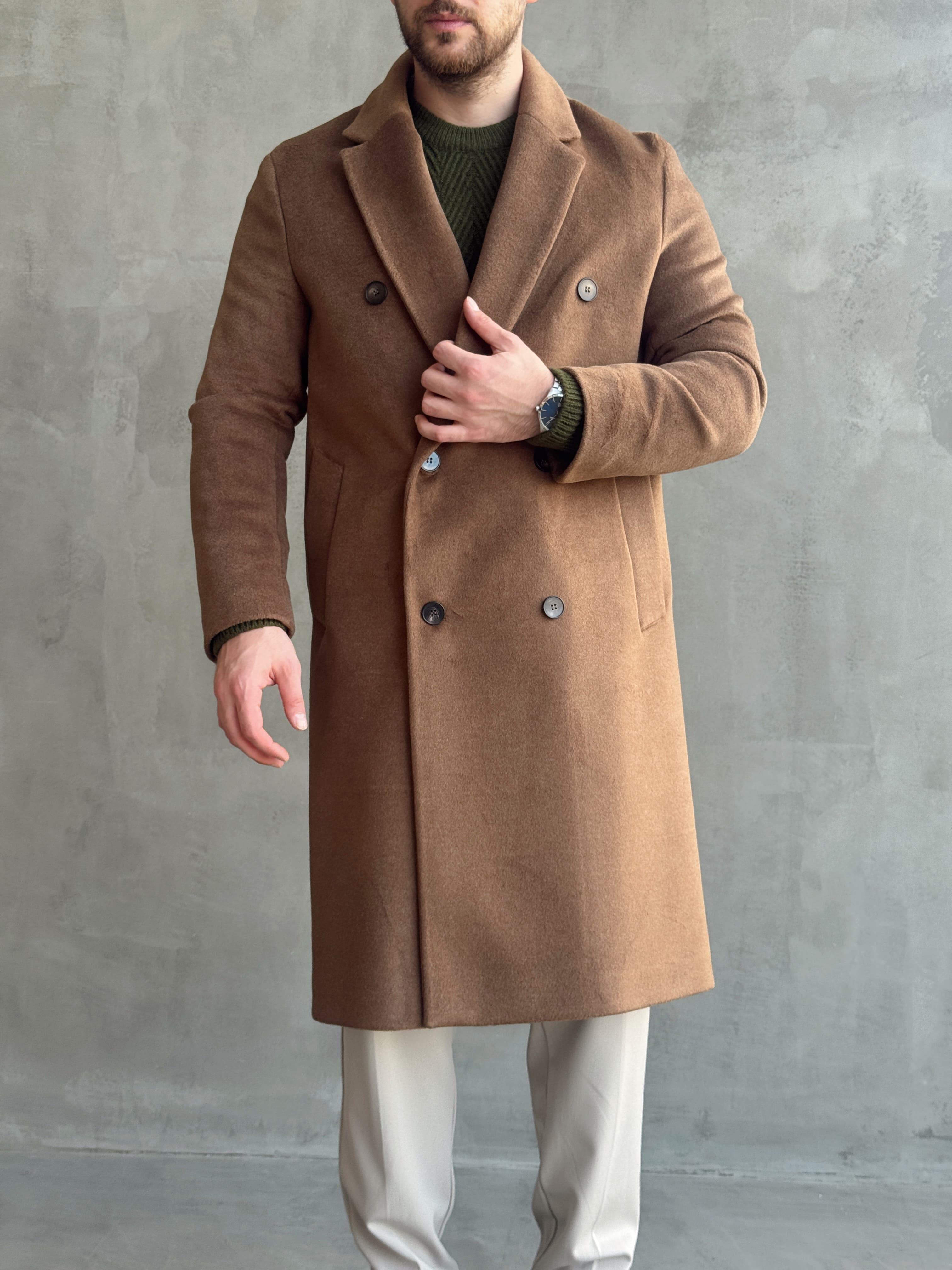 Erkek Özel Premium Seri Oversize Kalıp Düğme Detaylı Kruvaze Yaka Kaşe Kaban-Kahverengi(E1544)Ketench