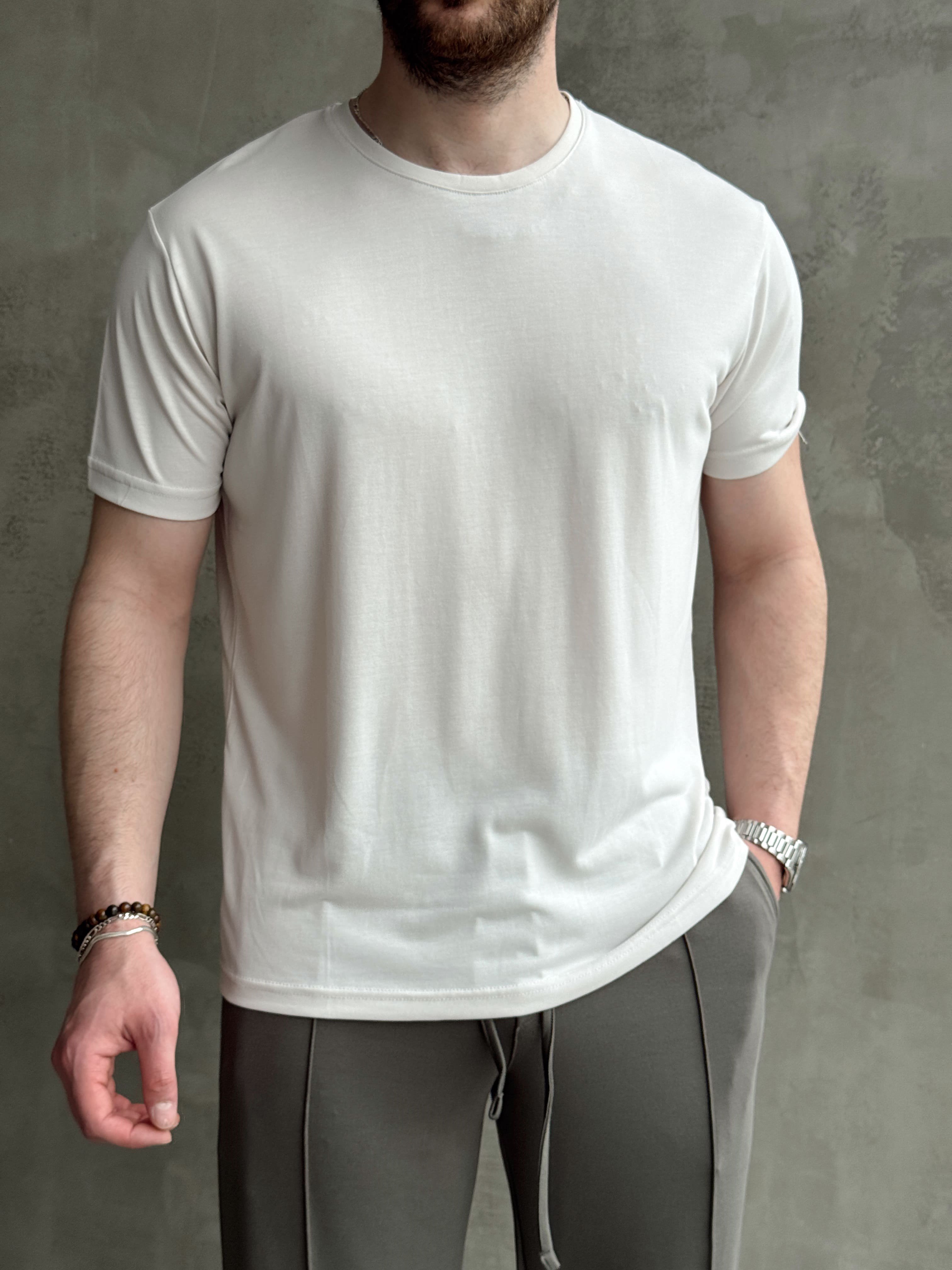 Erkek Özel Premium Seri Regular Fit Bisiklet Yaka Modal Kumaş Düz T-Shirt-Taş(E1680)Ketench