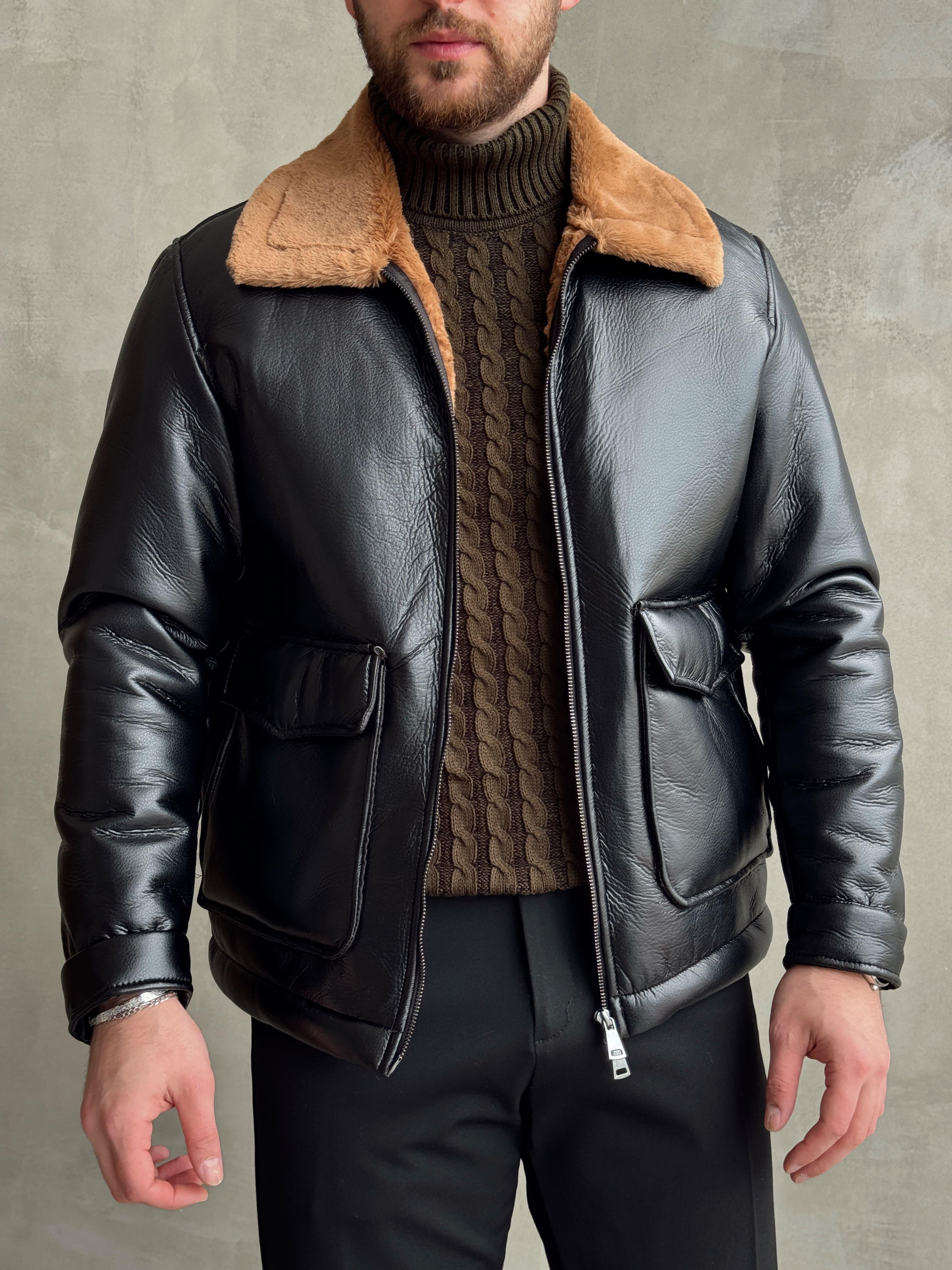 Erkek Özel Premium Seri Regular Fit Büyük Cep Detay Astarlı Suni Deri Mont-Siyah(E1519)Ketench