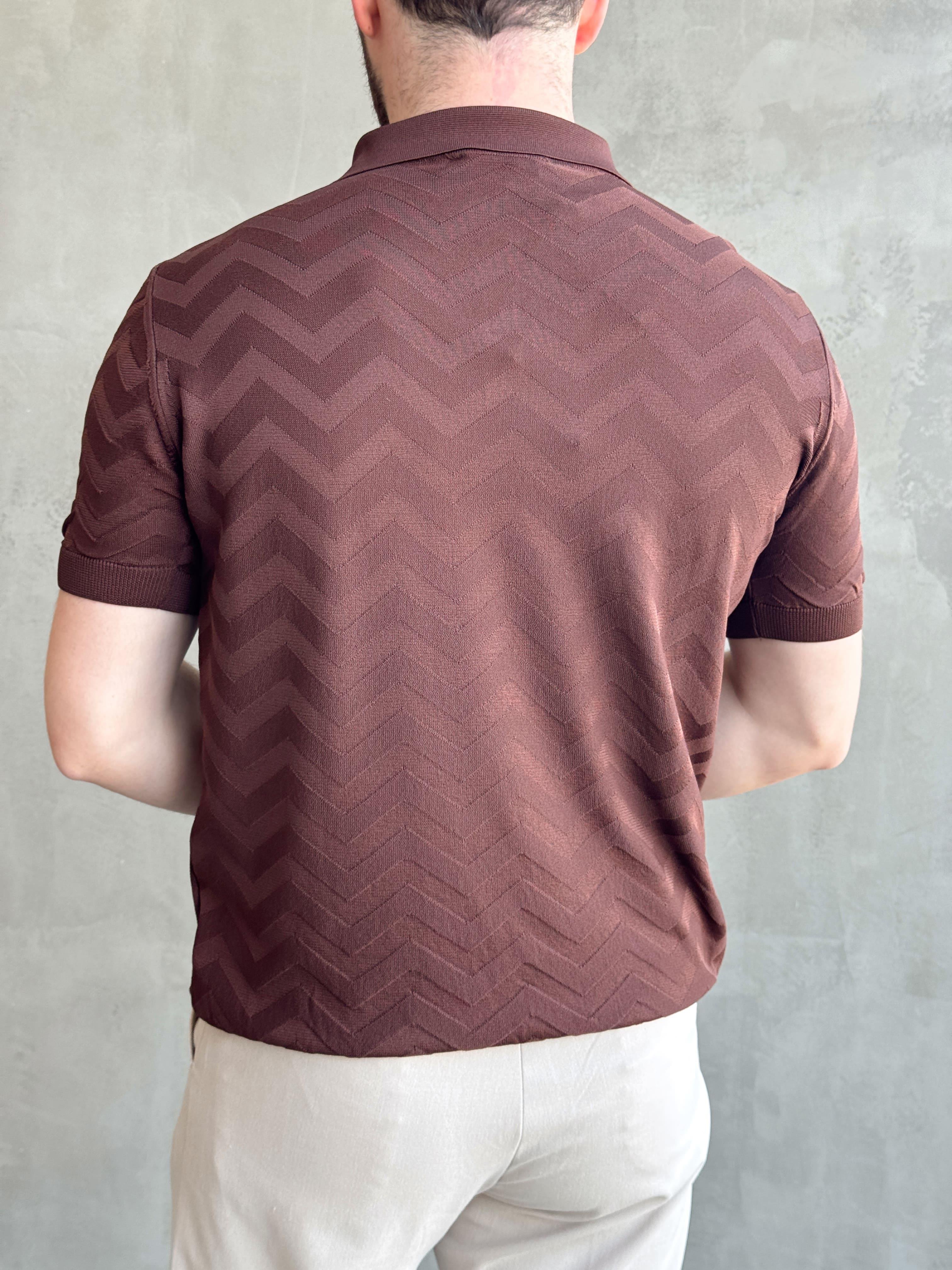 Erkek Özel Premium Seri Regular Fit Desenli Düğme Detay Polo Yaka Triko T-Shirt-Kahverengi(E1658)Ketench